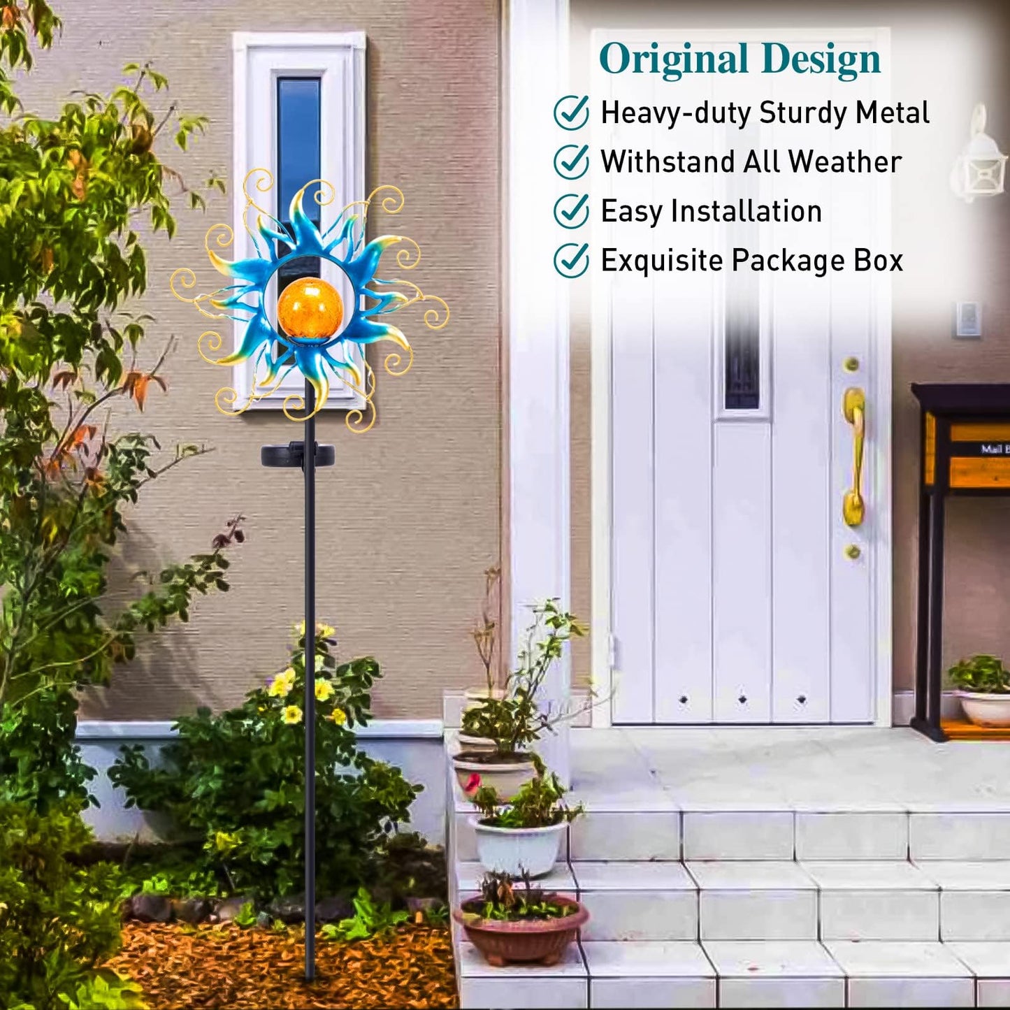 Kacux Solar Lights Outdoor Garden Decor, Blue Metal Sun Crackle Glass Globe Stake Waterproof 30LED Decorations Unique Gifts for Women,Mom,Outside, Patio,Lawn,Yard,Pathway