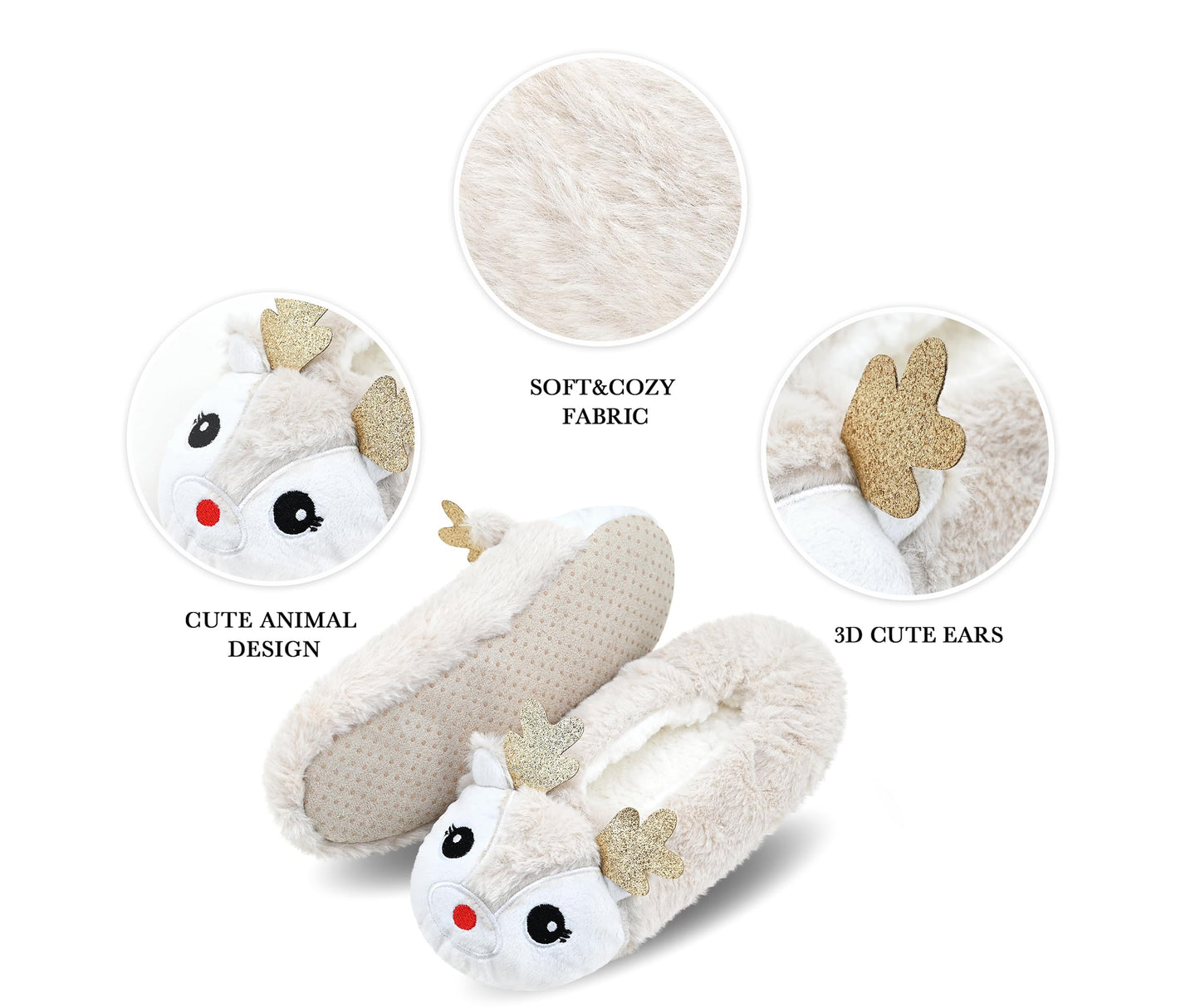 DICUIRD Womens Animal Soft Sole Slipper Socks with Grippers-Fuzzy House Slippers(Deer, 8-10)