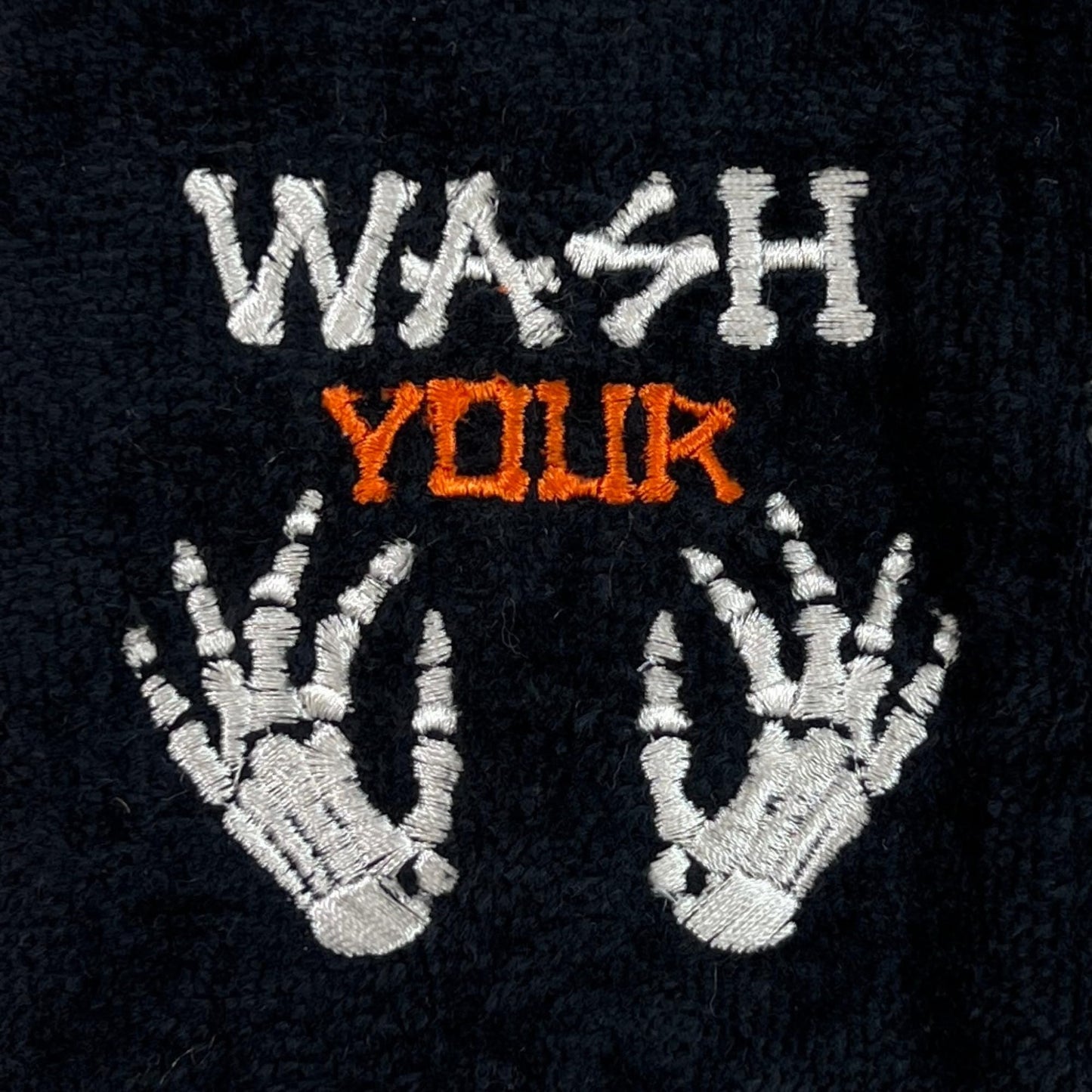 Halloween Fingertip Bathroom Towels Set of 2 – 12" x 18" Black 100% Cotton with Funny “Wash Your Hands or Bones” Design – Spooky & Humorous Bathroom and Kitchen Decor