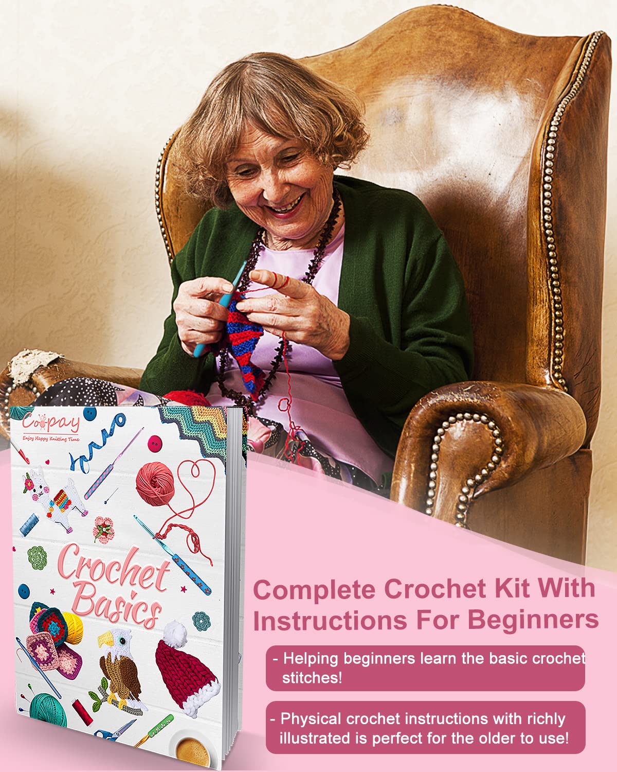 Coopay Crochet Kit for Beginners, 71PCS Crochet Starter Kit with 16 Colors Crochet Yarn & Instructions, Double-Layer Crochet Set Beginner Crochet Kit for Kids/Adults, Professional Starter Pack, Pink
