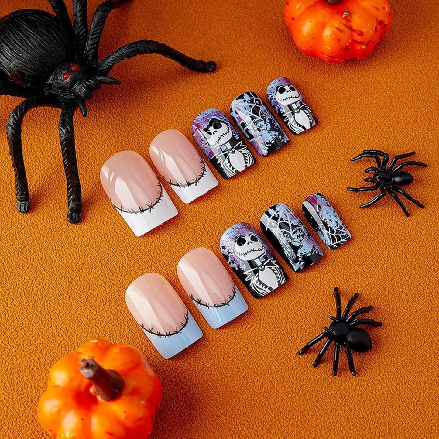 Halloween Press on Nails Medium Square Fake Nails with Spider Web Design Acrylic Nails Nightmare Before Christmas Nails Scary Stick on Nails Holiday French Tip Artificial Nails for Women 24Pcs