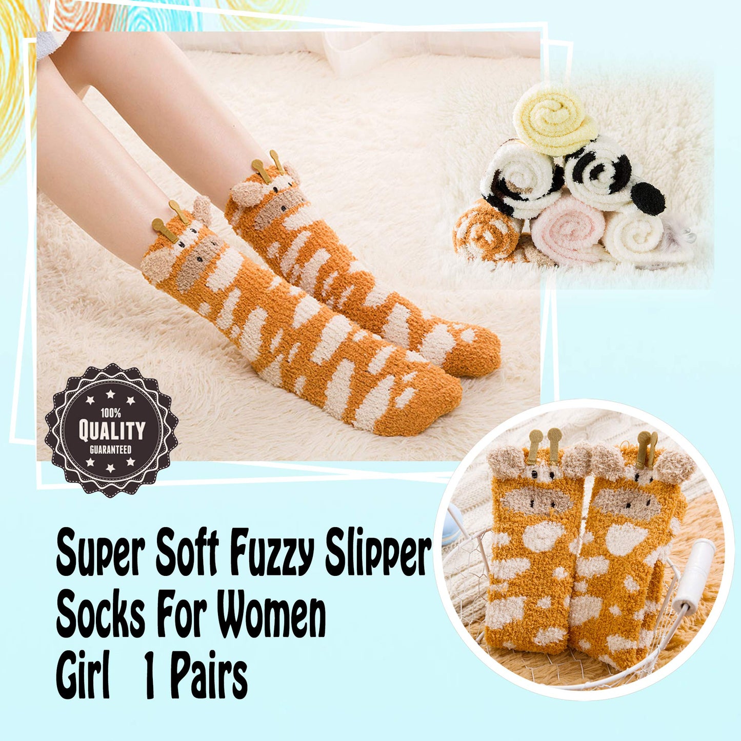 LANLEO Fuzzy Socks For Women Slipper Socks Fluffy Winter Warm Soft Cozy Plush Cute Animal Sleeping Christmas Socks 1 Pairs Giraffe
