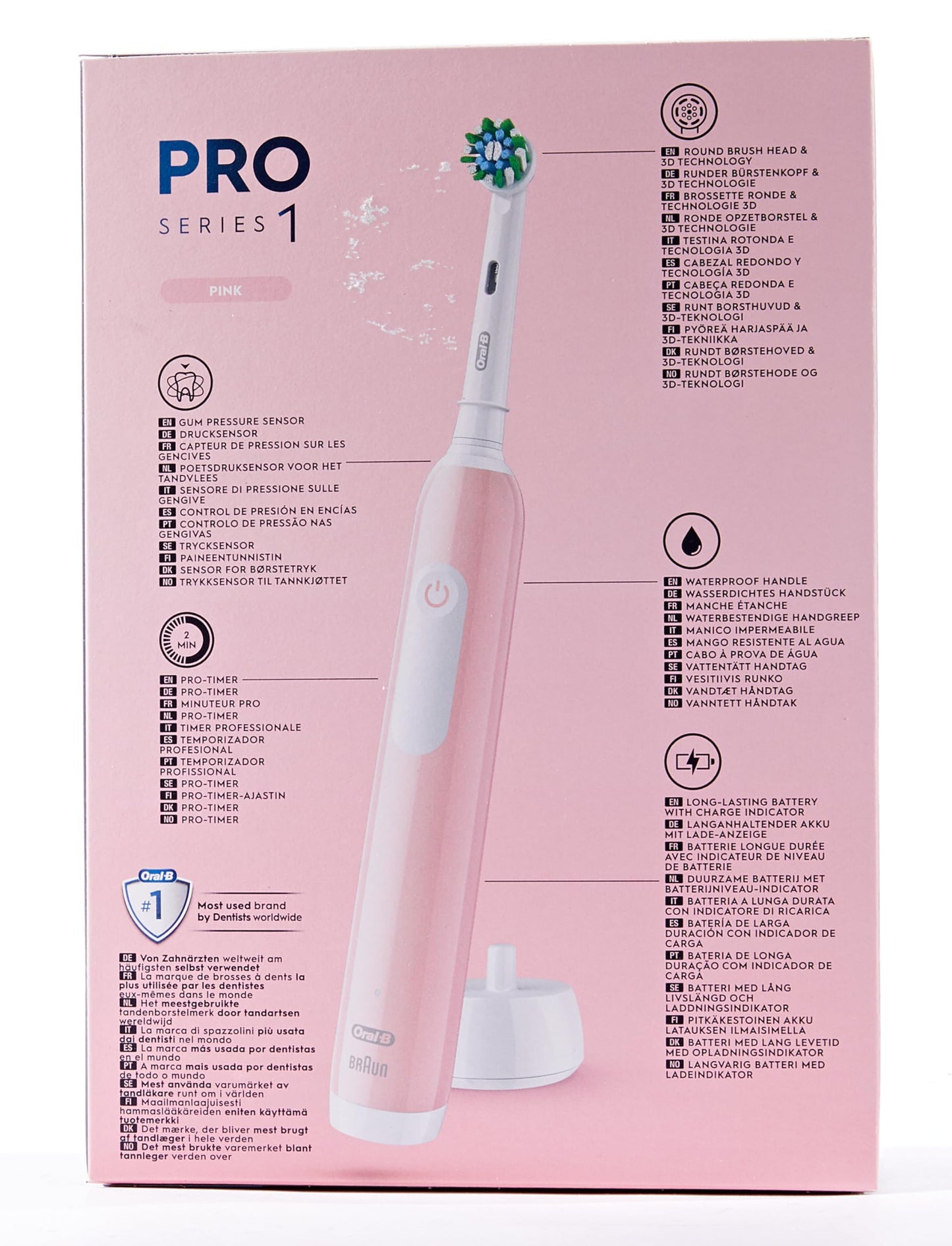 Oral-B Pro Series 1 Electric Toothbrush, Double Pack, 2 Replacement Brushes, 3 Cleaning Modes and Pressure Sensor for Dental Care, Designed by Braun, Pink/Black