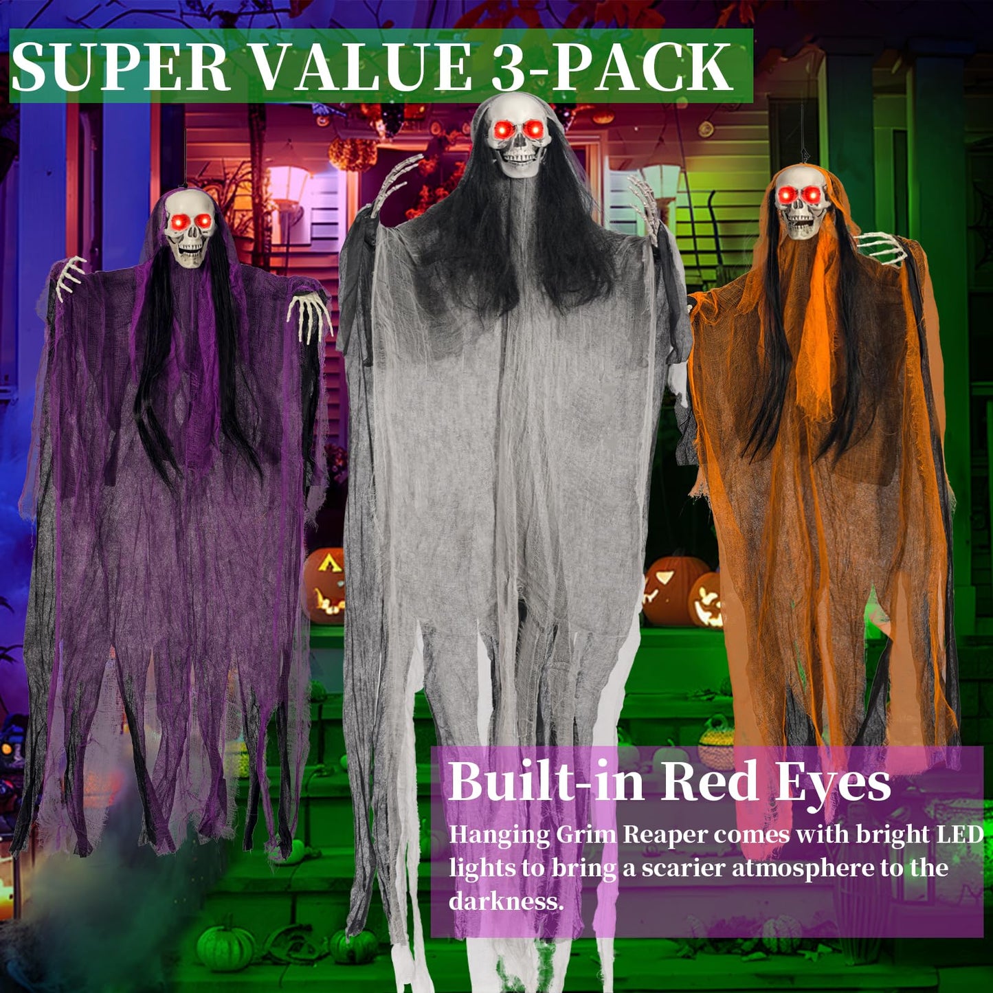 Halloween Decorations,3 Pack Halloween Hanging Skeleton Ghosts with Lighted Up Eyes,Scary Colourful Cloth Grim Reapers for Indoor,Outside Yard Lawn,Haunted House Prop,Party Supplies