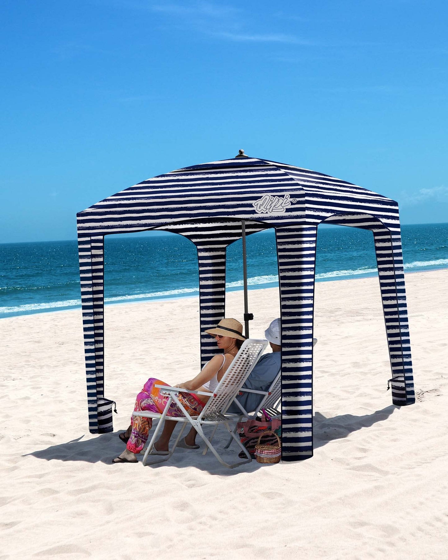 Qipi Beach Cabana - Easy to Set Up Canopy, Waterproof, Portable 6' x 6' Beach Shelter, Included Side Wall, Shade with UPF 50+ UV Protection, Ultimate Sun Umbrella - for Kids, Family - Sailor Stripes