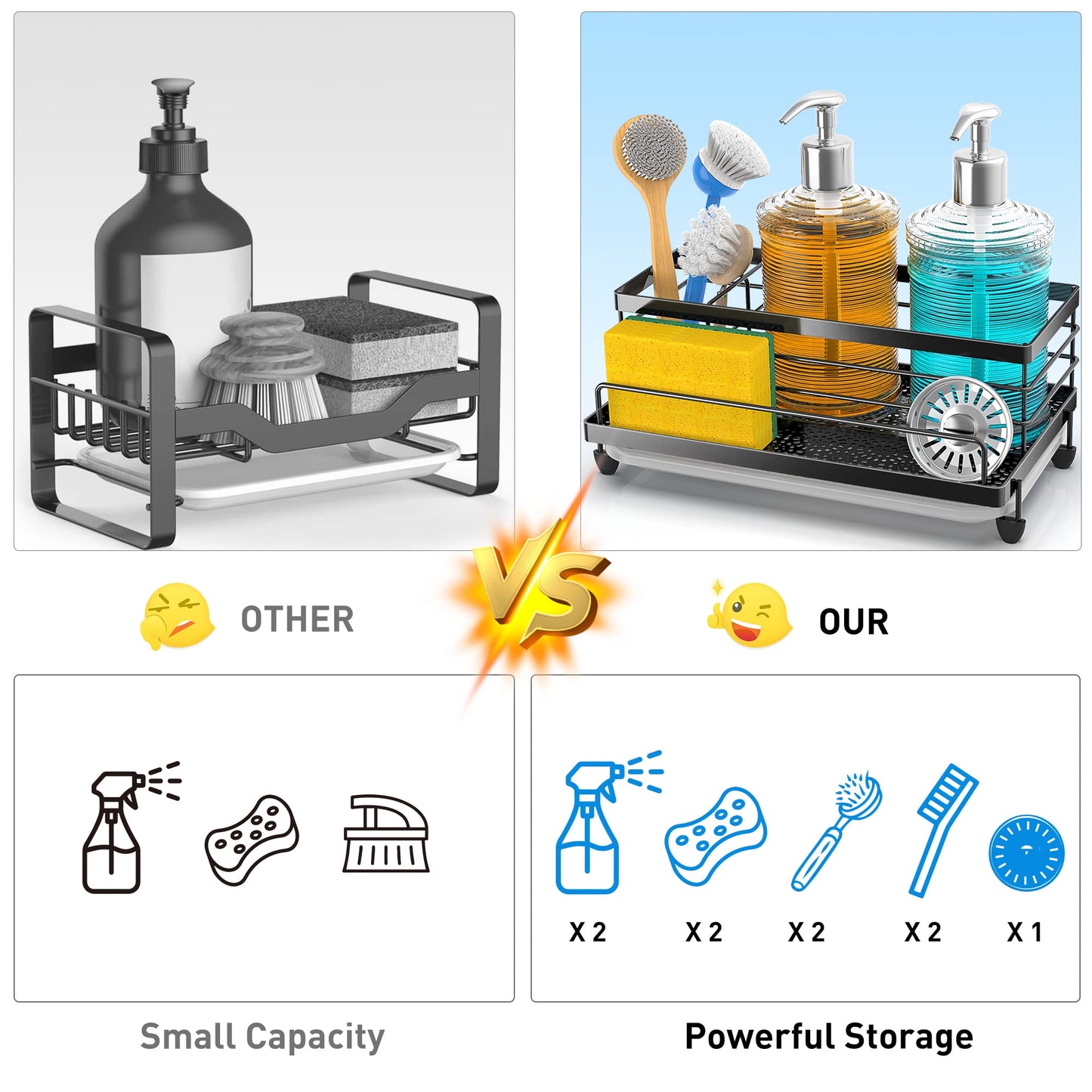 Cisily Large Black Sponge Holder for Kitchen, Sink Caddy Sink Organizer Rack for Kitchen Accessories with Drip Tray, Rustproof and Non-slip, Soap Dispenser Countertop Organizer Essentials for New Home