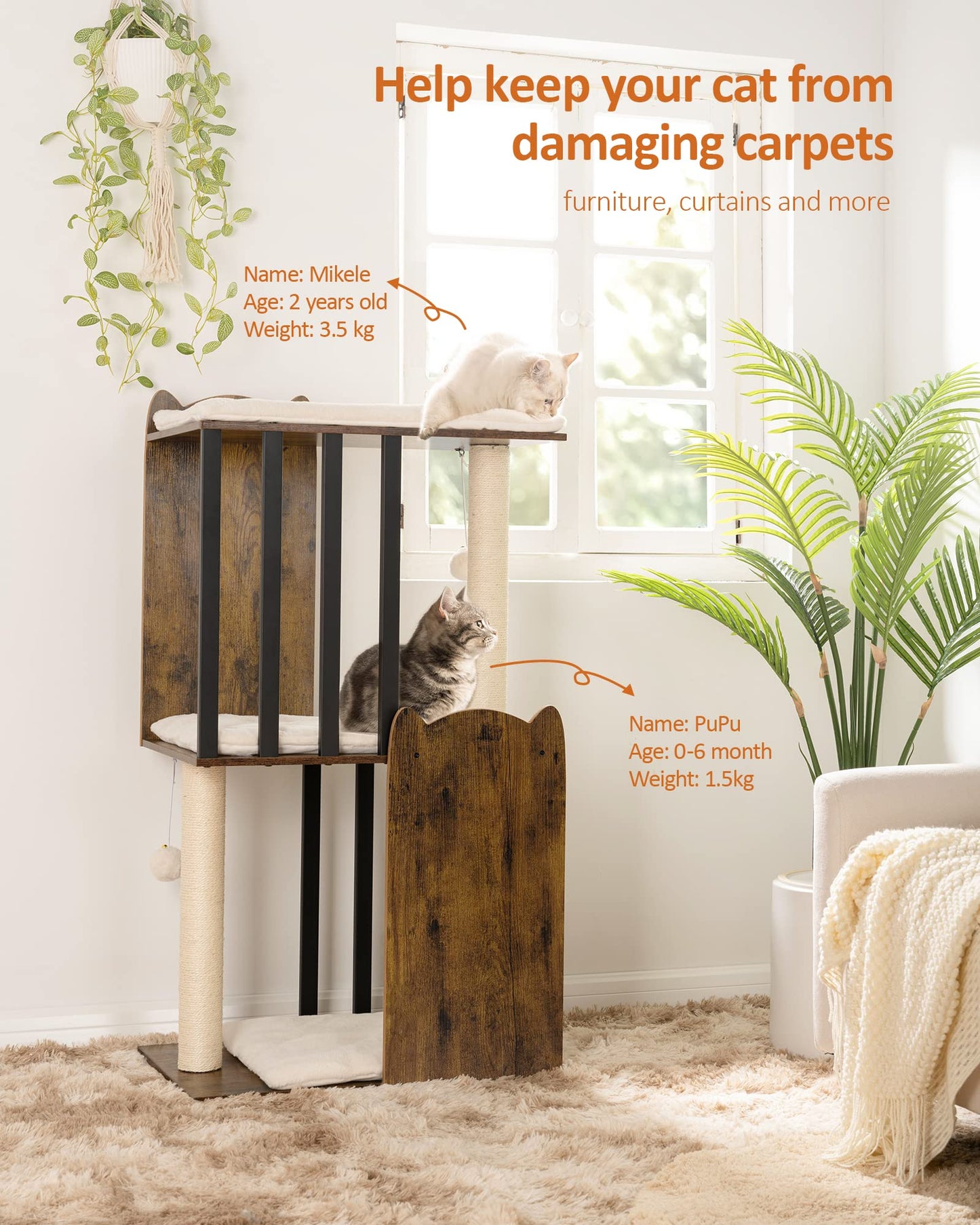 FourFurPets 43.8in 3-Tier Modern Cat Tree Tower Condo, Cat Scratch Posts for Indoor Cats, Big Plate, Two 19.7in Full Sisal Scratching Posts, Rustic Brown