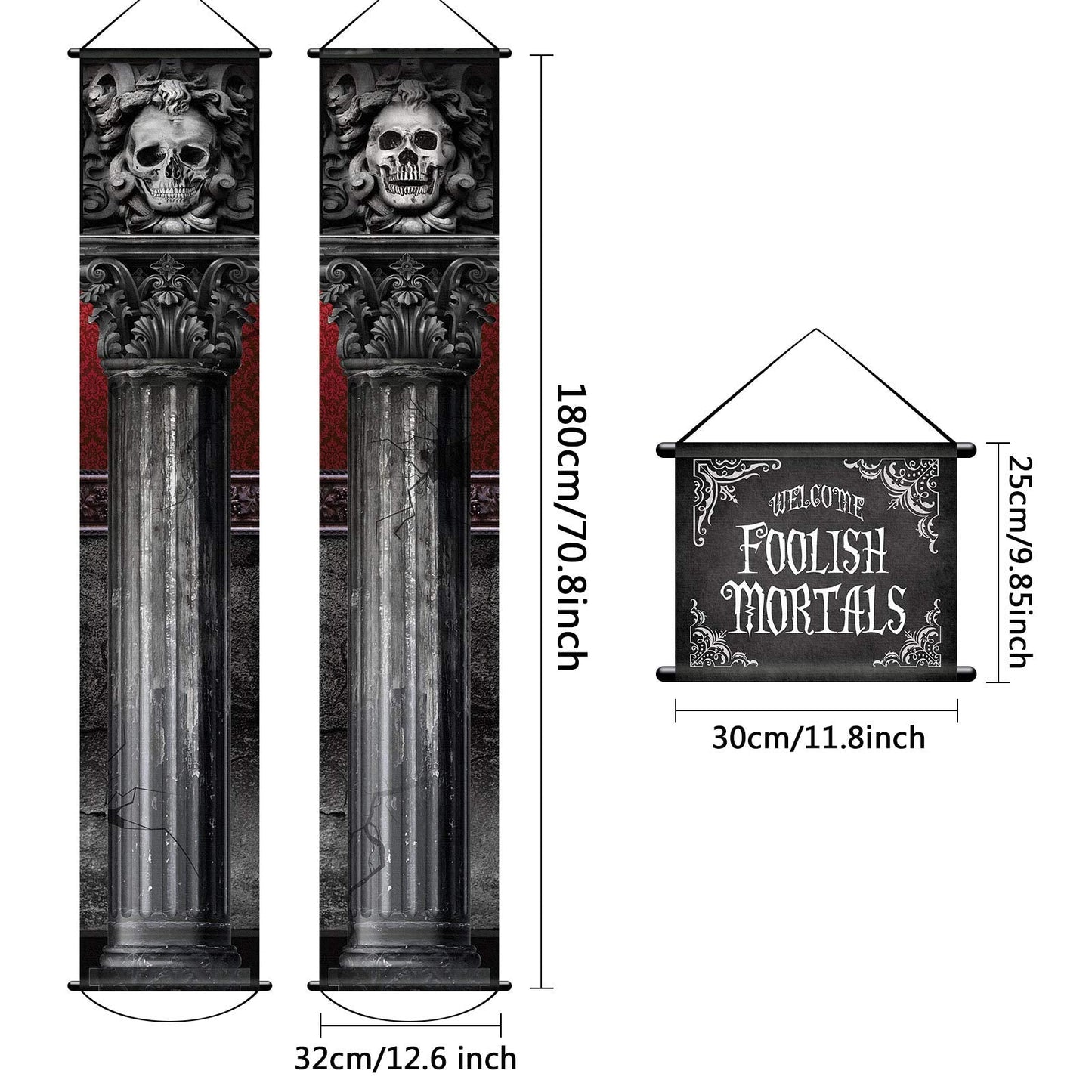 2 Pieces Halloween Gothic Mansion Banners Halloween Skull Hanging Banners with Welcome Foolish Mortals Porch Sign Spooky Pillar Sign Decorations for Outdoor Party Supplies