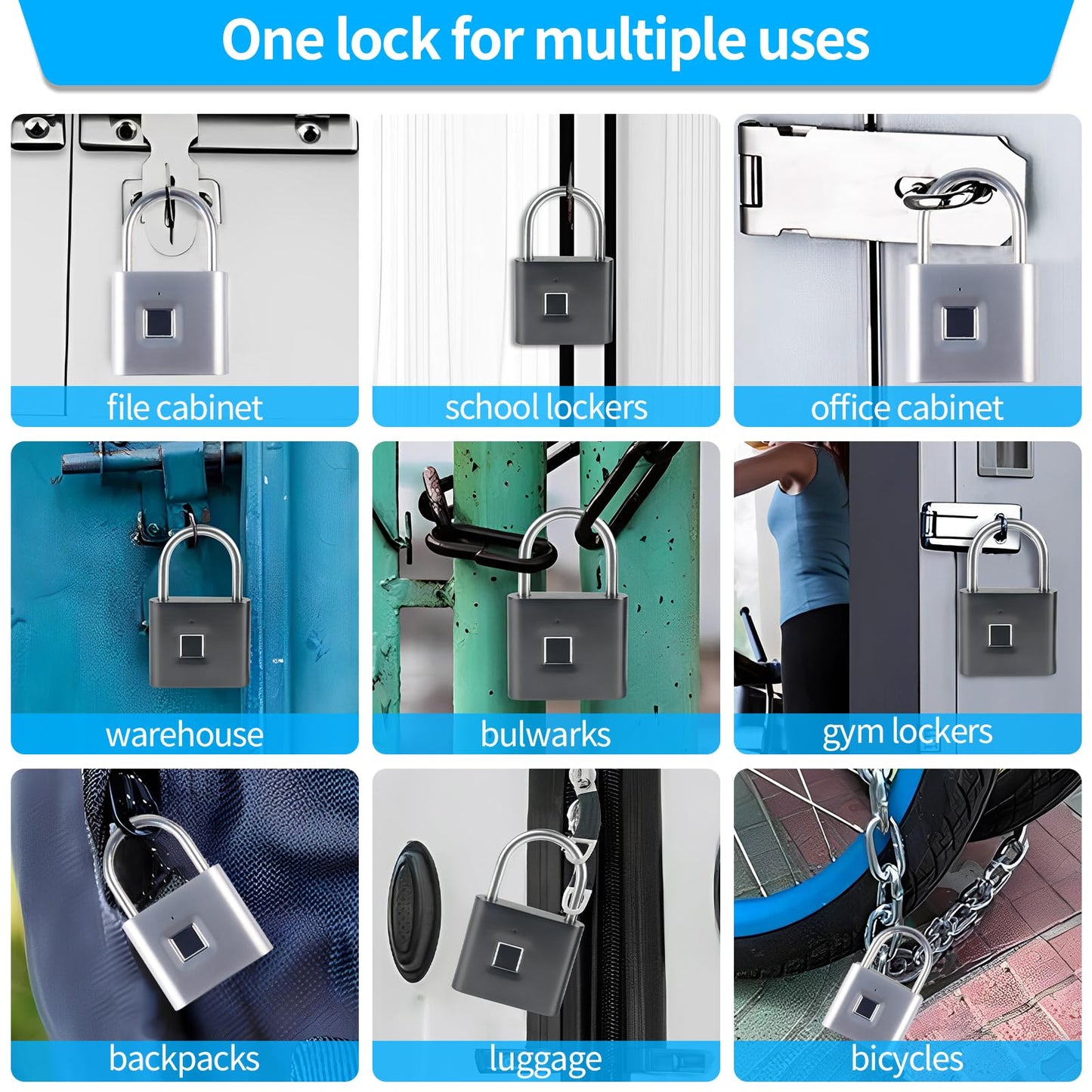 KENRONE Keyless Portable USB Charging Fingerprint Lock,Smart Padlock Quick Unlock Waterproof and Rustproof,Smart Lock for Warehouses, Gym, Schools, Homes, Office Cabinets (Black)