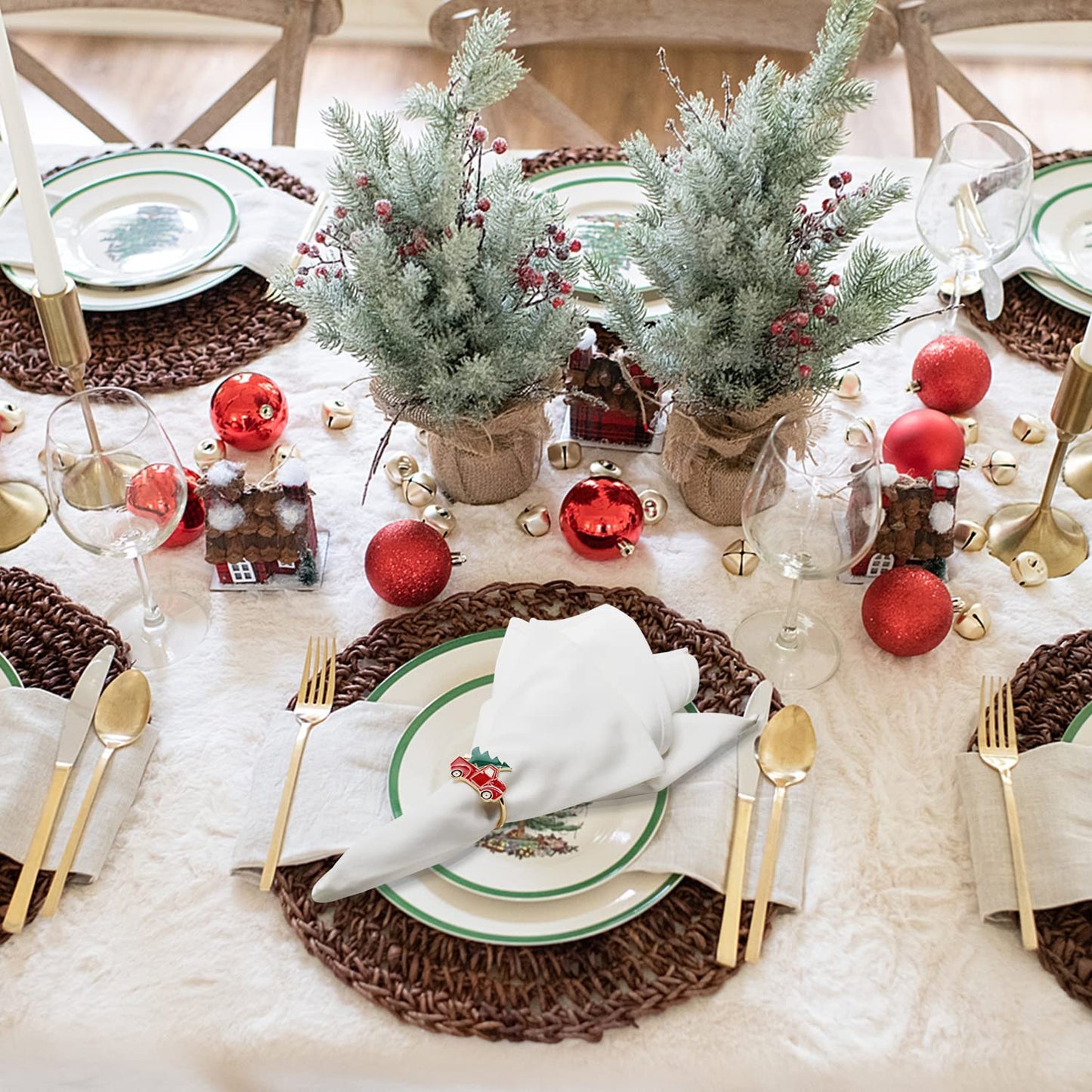 Kalopro Christmas Car and Tree Napkin Rings Set of 6,Xmas,Red and Green Napkin Rings Holder for Christmas,Thanksgiving,Dinner Party Table Decoration