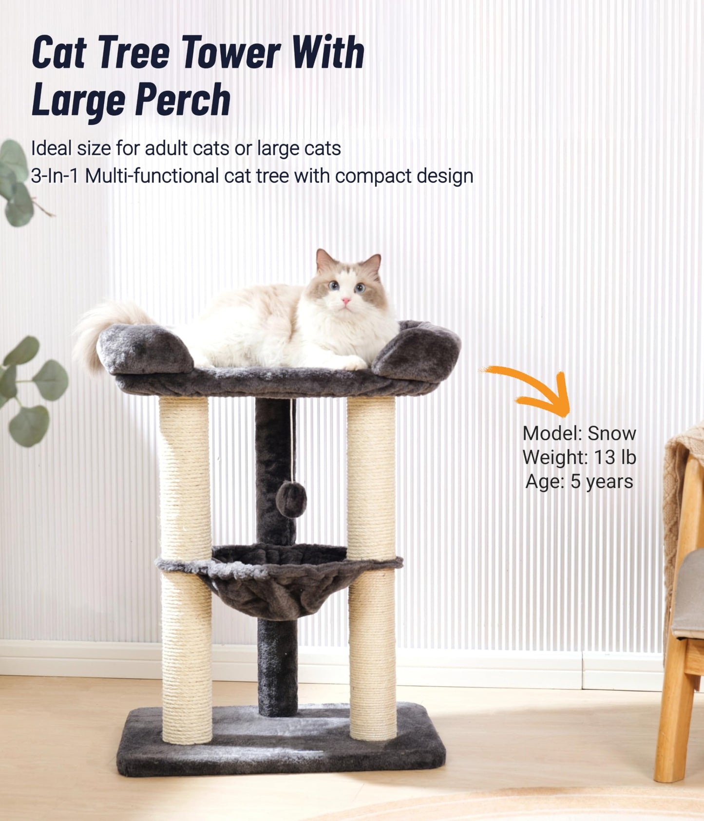 Happi N Pets 28" Cat Tree Tower for Indoor Cats, Tall Cat Scratching Post with Large Bed for Maine Coon Big Cats, Sisal Cat Scratcher with Soft Perch & Hammock, Stable Cat Stand, Removable Cover-Gray