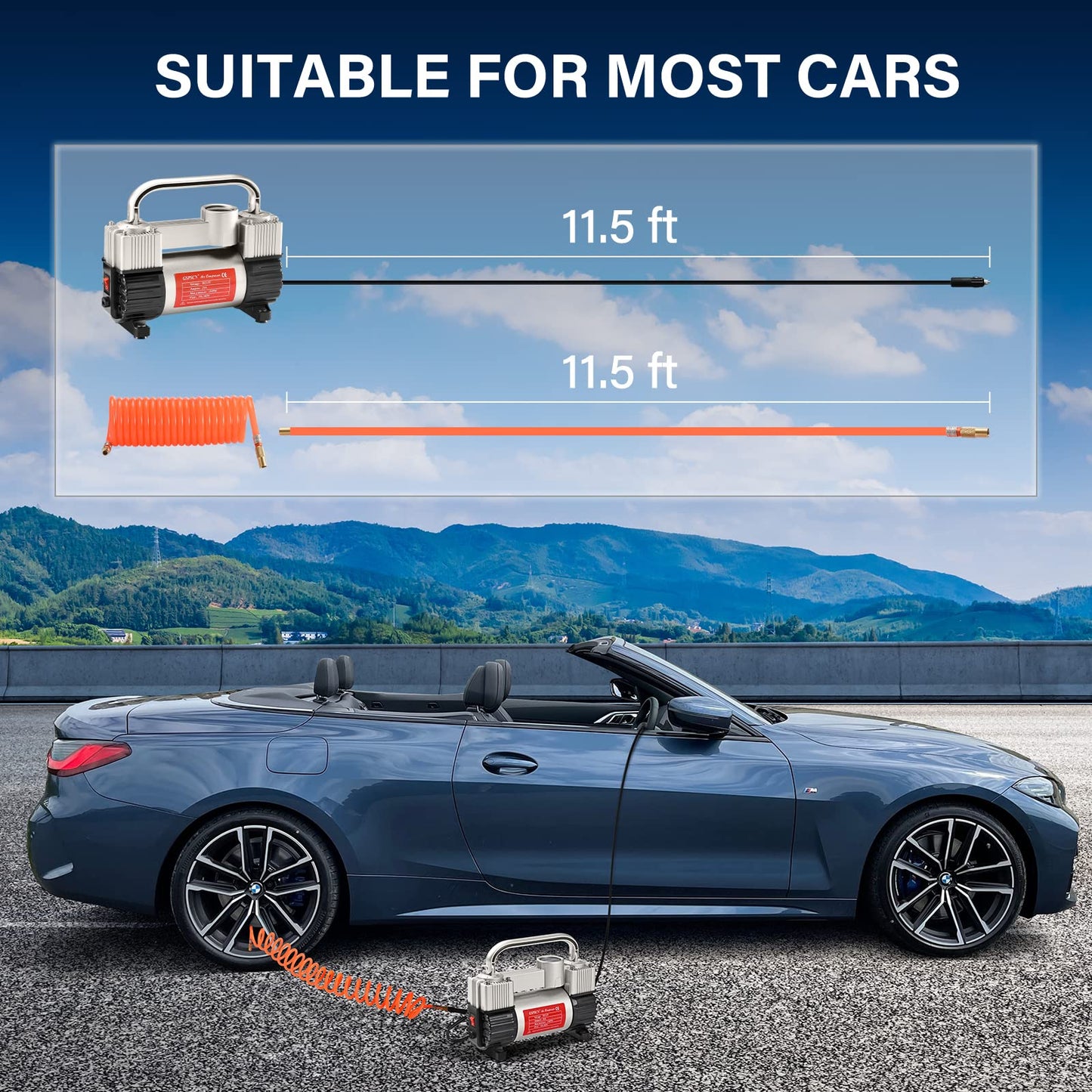 GSPSCN Silver Tire Inflator Heavy Duty Double Cylinders with Portable Bag- Car Accessories,Metal 12V Air Compressor Pump 150PSI with Adapter for Car, Truck, SUV Tires, Dinghy, Air Bed etc