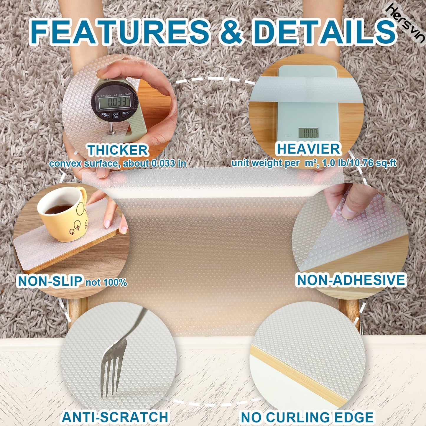 Hersvin Shelf Liners, 12in x 20ft Kitchen Drawer Mats, Non-Adhesive EVA Cupboard Protector, Cabinet Lining, Refrigerator Liner (Clear Dot)