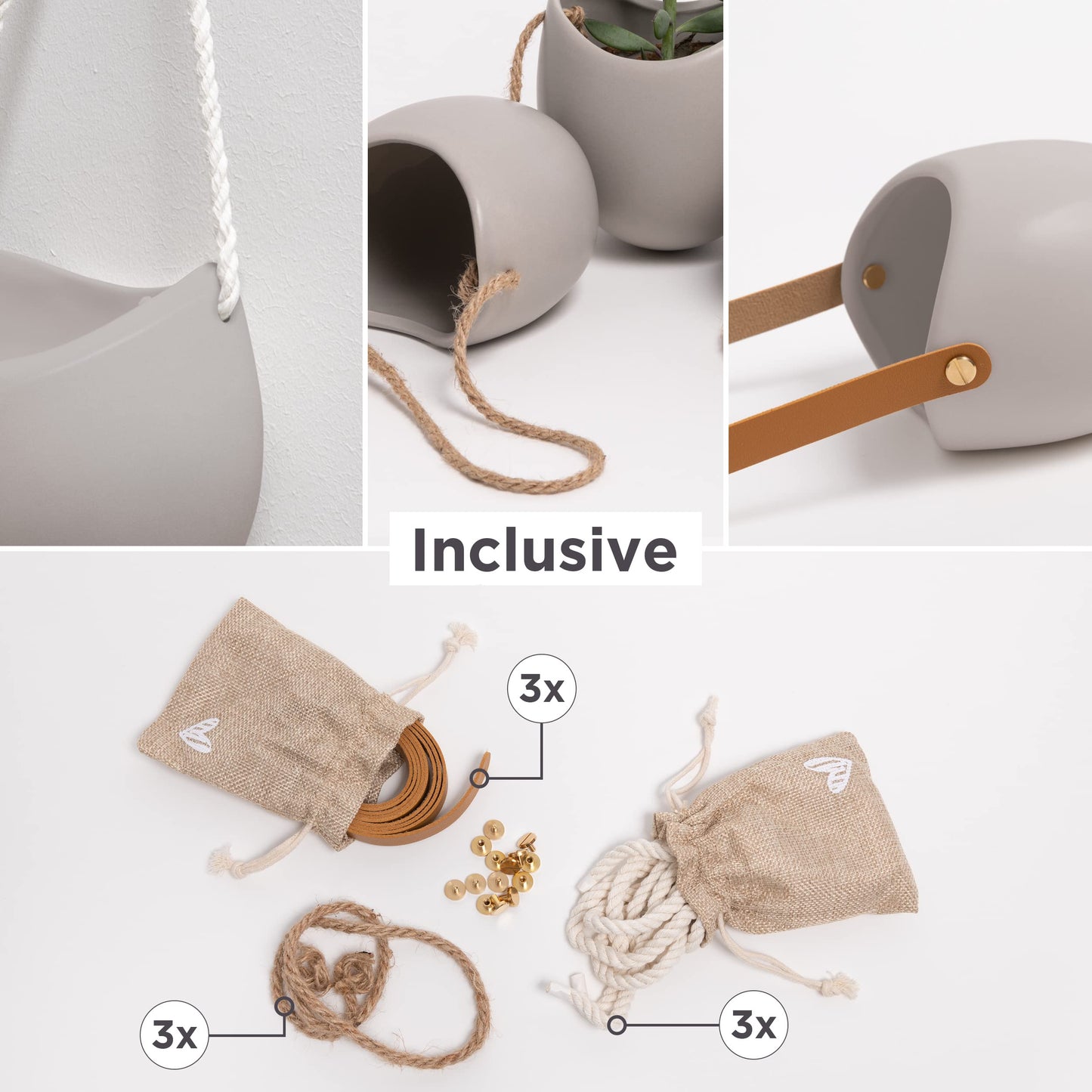 Kazai. Wall Planters -Ellie- | Hanging Ceramic Plant Pots 3 Pieces | Wall Decoration for Indoors, Balcony and Garden | Light Grey (Matte)