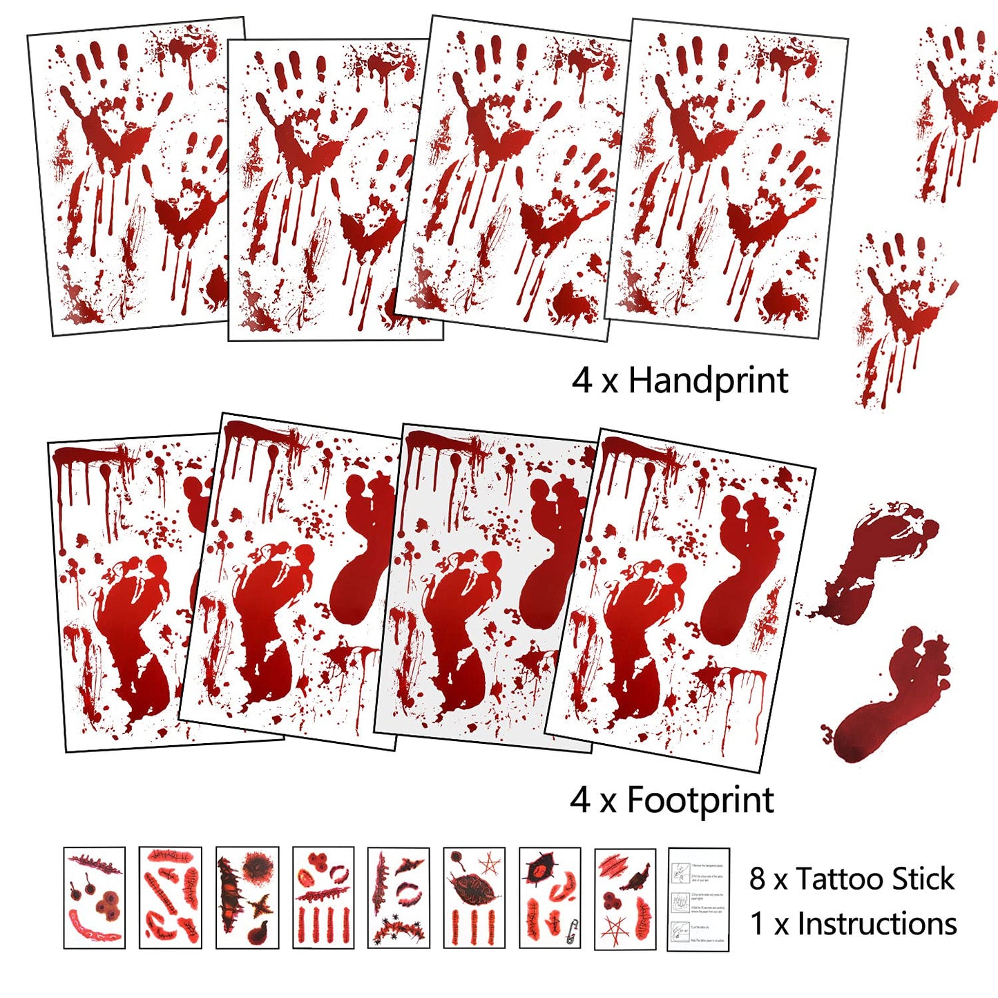 159 PCS Halloween Decorations, 8 Sheets Terror Bloody Handprint Footprint Window Stickers, 8 Sheets Tattoo Stickers, Halloween Party Indoor/Outdoor Decoration,Spooky Wall Decal and Floor Stickers