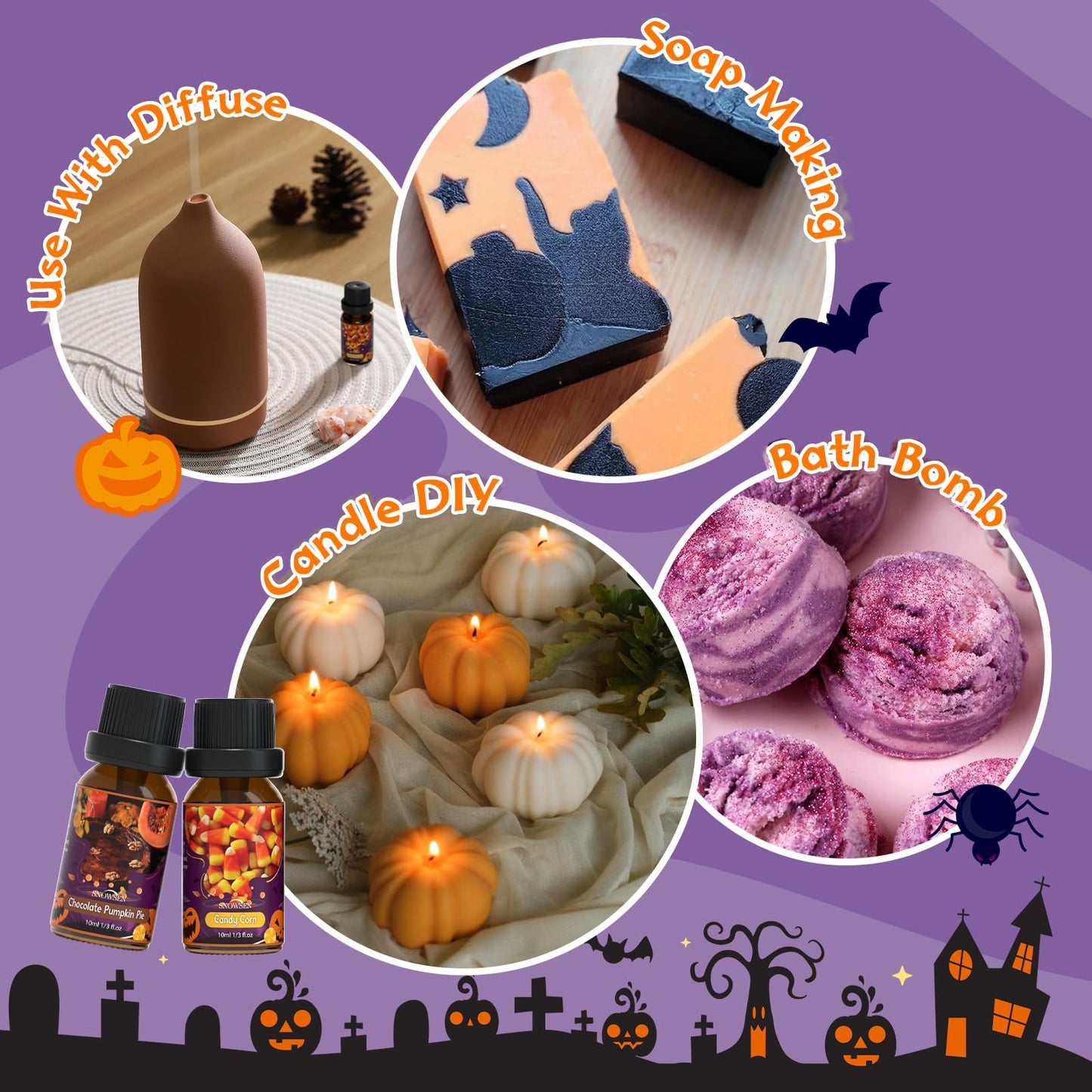 Halloween Essential Oil Set, SNOWSEN Fall Fragrance Oils for Diffuser Oil Scents, Candle Making, Soap Making, Candy Corn, Chocolate Pumpkin Pie, Autumn Wreath, Apple Cider, Caramel Corn,Snickerdoodle