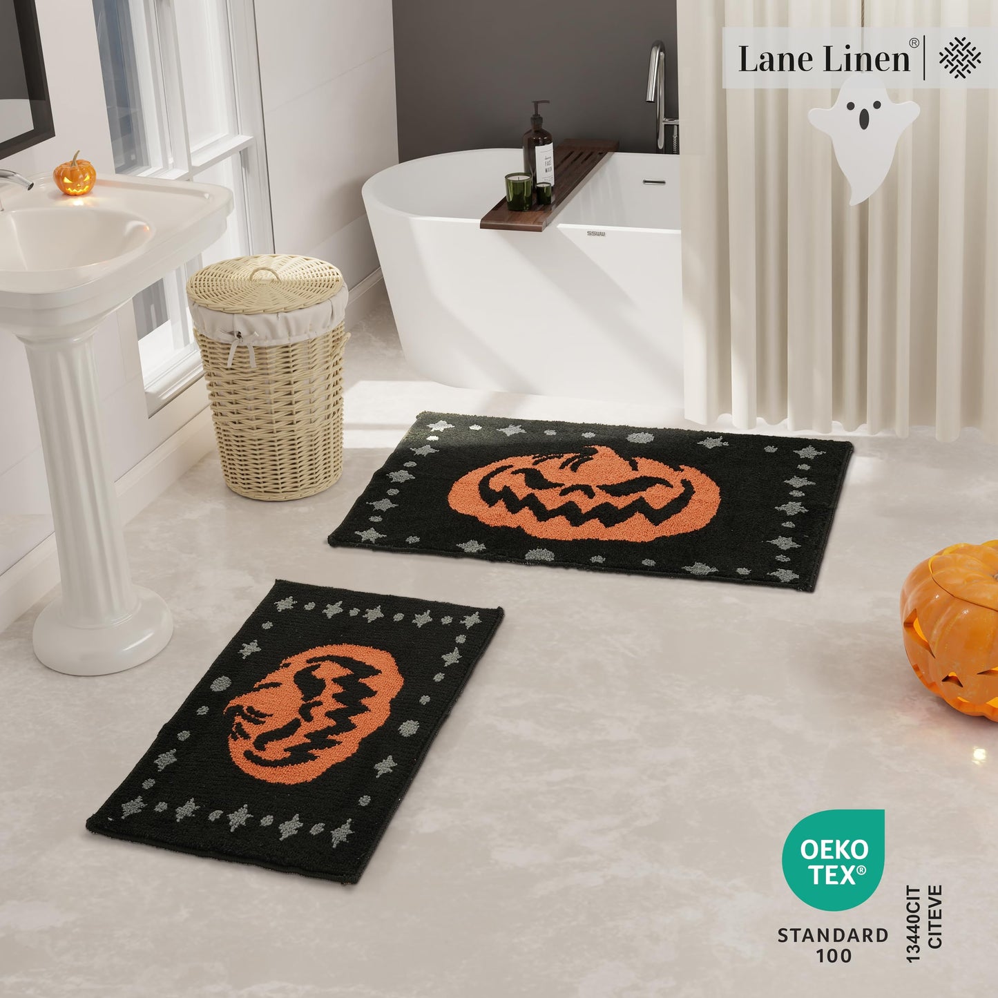 LANE LINEN Halloween 2 Pc Pumpkin-Style Bath Mats, Non Slip, Absorbent 20' x 32', Jack-O-Lantern