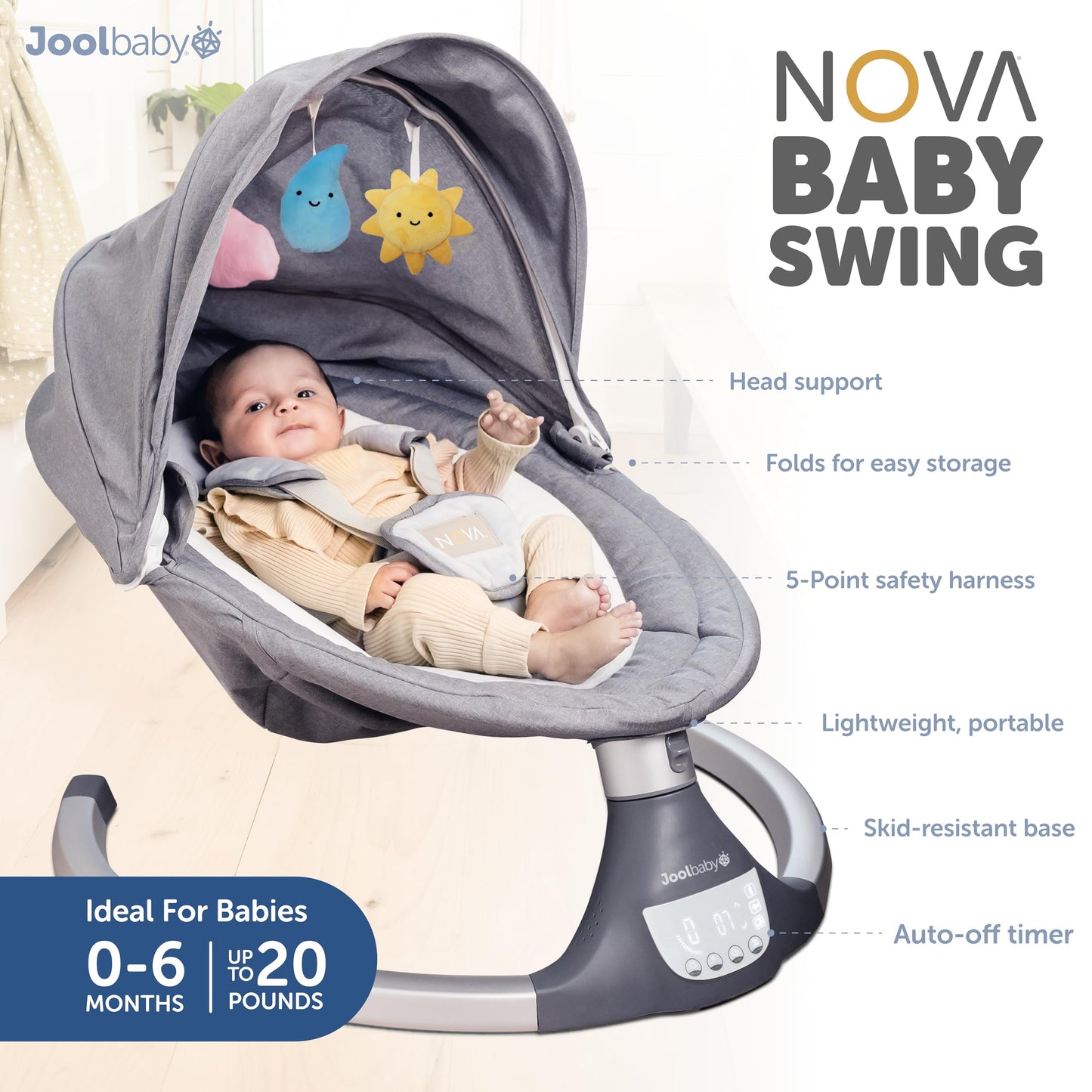 Jool Baby Nova Swing for Newborns - Electric Motorized Infant Swing, Bluetooth Music, 10 Preset Melodies, Remote (Updated Model, Gray)