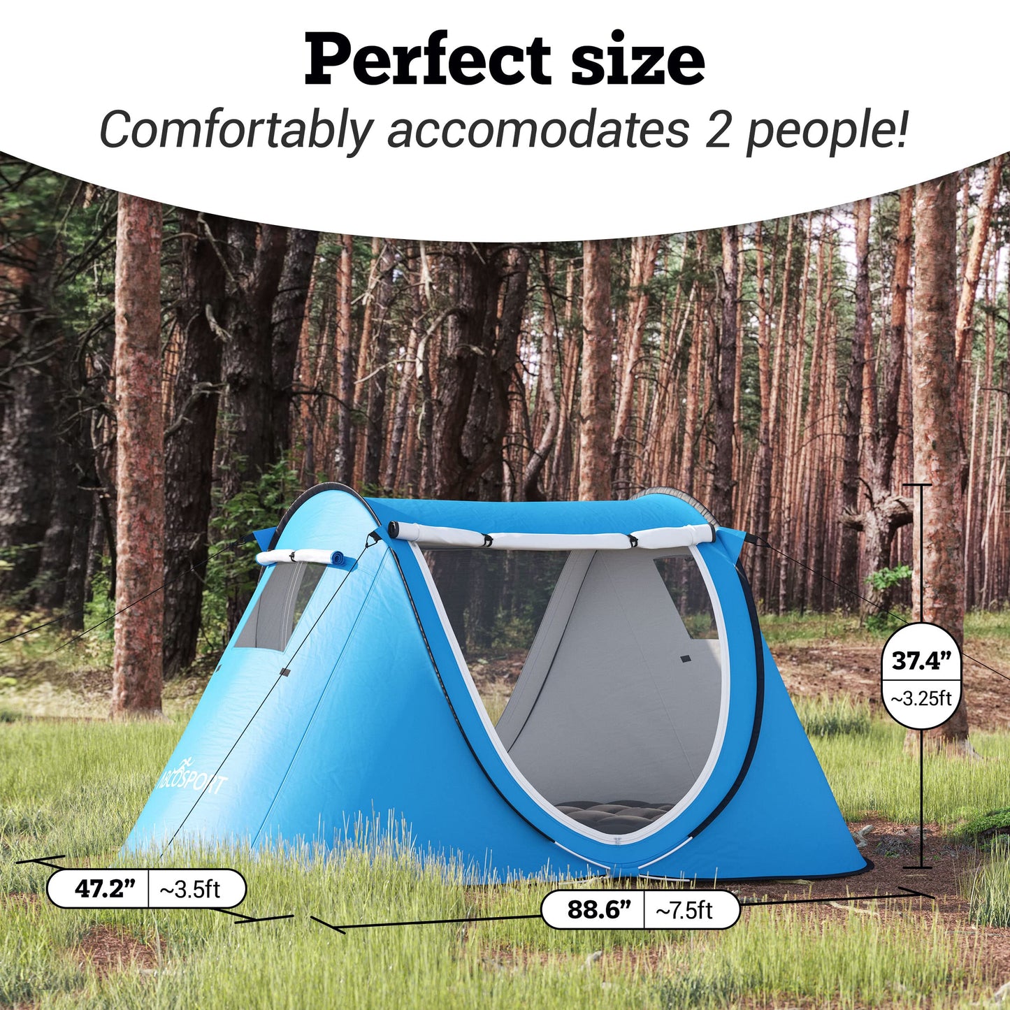 Abco Tech Pop Up Tent - Portable Tent for Camping 2 Person Pop Up with Double Doors - Water-Resistant and UV Protection - Foldable Cabana with Zipper and Carrying Bag - Sky Blue, 88.6"x47.2"x37.4"