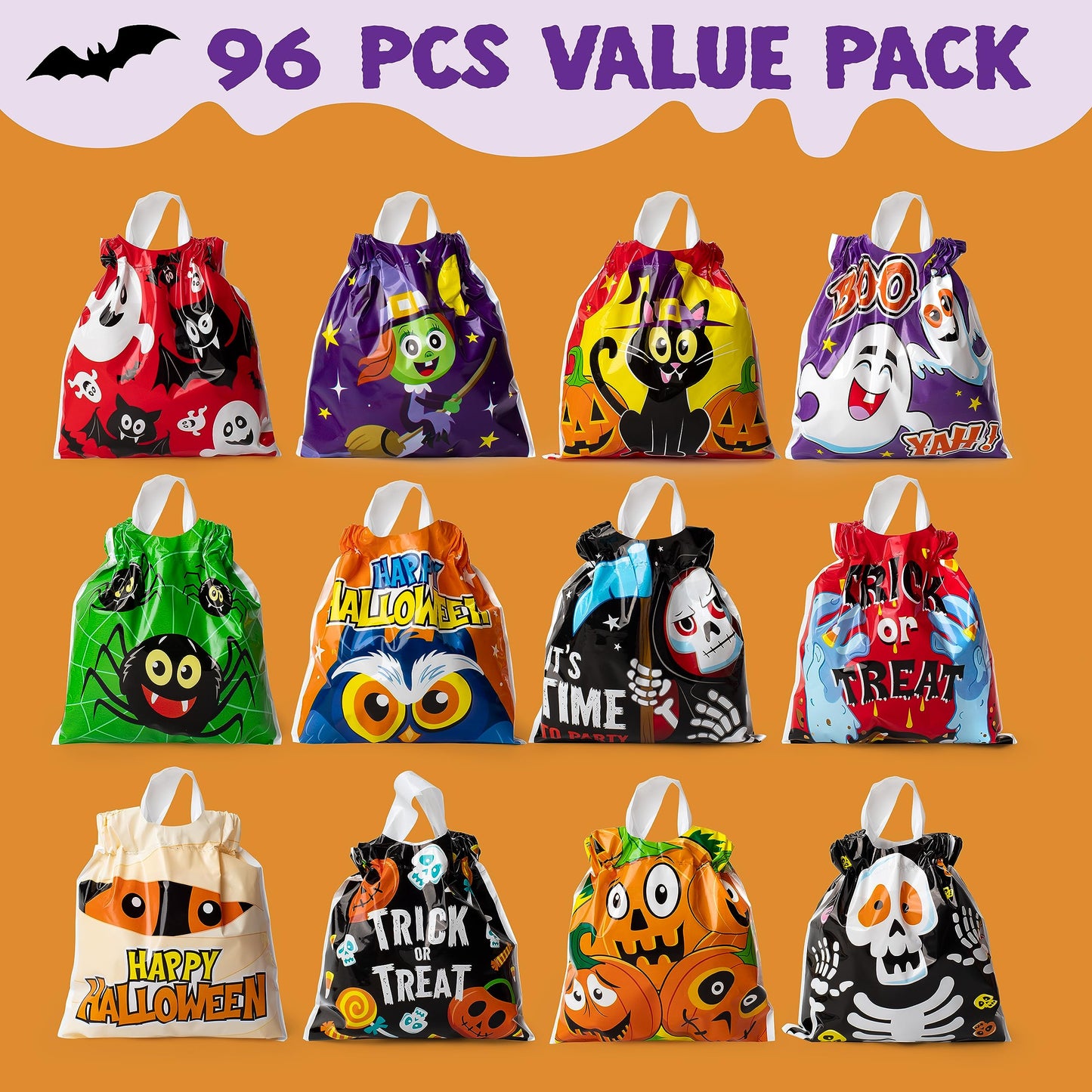JOYIN 96PCS Halloween Drawstring Treat Bags, 6"x6" Halloween Goodie Candy Bags, 12 Designs Goody Gift Bag Bulk for Kids Boys Girls Trick or Treating, Classroom Party Favor Supplies