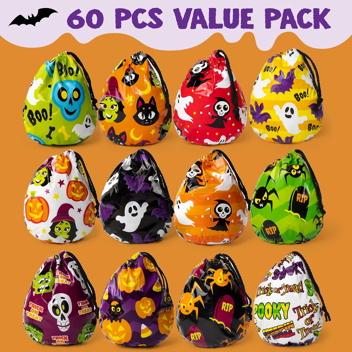 JOYIN 60PCS Halloween Drawstring Goody Treats Bags for Halloween Trick or Treating, Plastic Candy Goodie Bags Bulk for kids Party Favor Supplies, School Classroom Exchange Gifts in 12 Designs