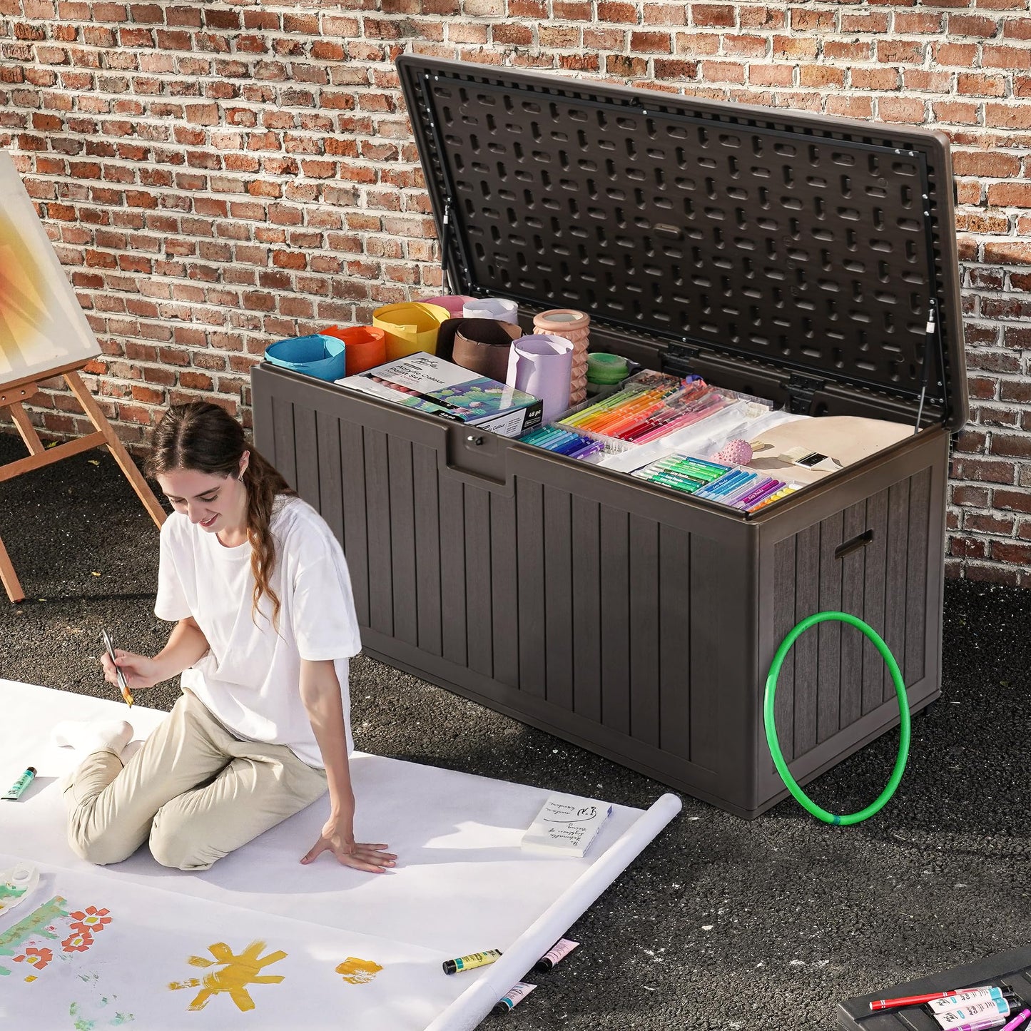 DWVO 150 Gallon Double-Wall Deck Box, XL Large Resin Outdoor Storage Box, Lockable & Waterproof, Double as Seating, 1000lbs Capacity (Brown)