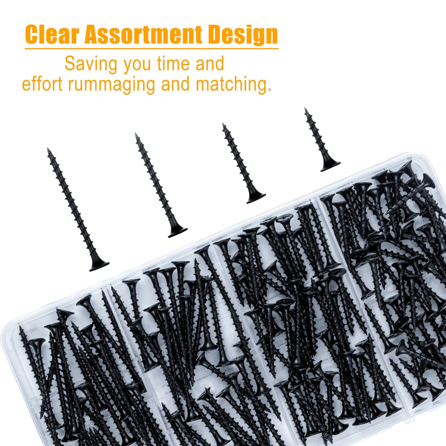 KURUI Drywall Screws Assortment Kit, #6 Black Wood Screws for Sheetrock,165pcs Picture Hanging Kit for Frame Painting Art Photo, Phillips Coarse Dry Wall Screw 4 Sizes 1",1-1/4",1-5/8",2"