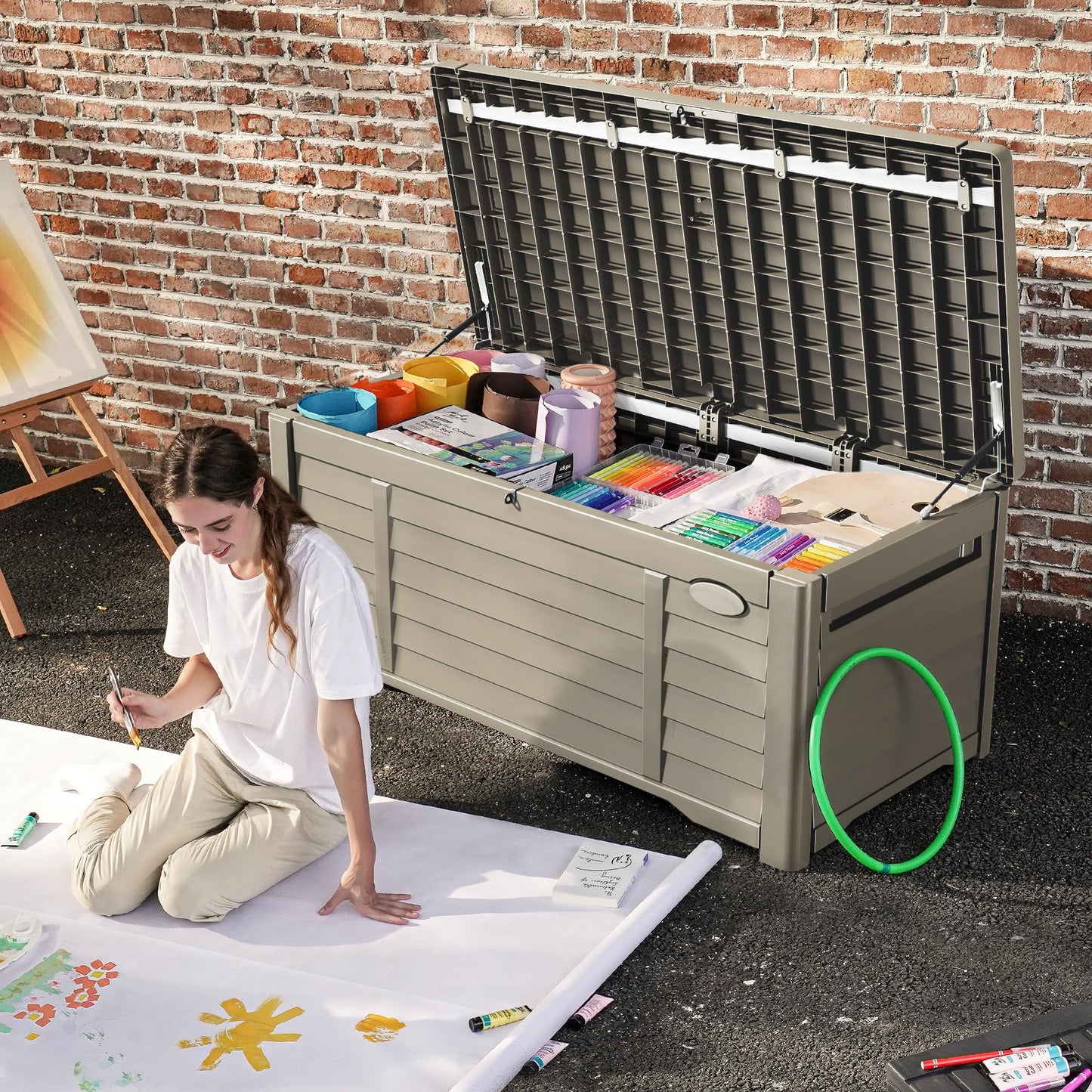 DWVO 120 Gallon Outdoor Storage Box, Large Resin Deck Box with Louver Design, Lockable Patio Storage Bin for Indoor and Outdoor Use, Pillows, Tools, and Pool Supplies -Light Brown