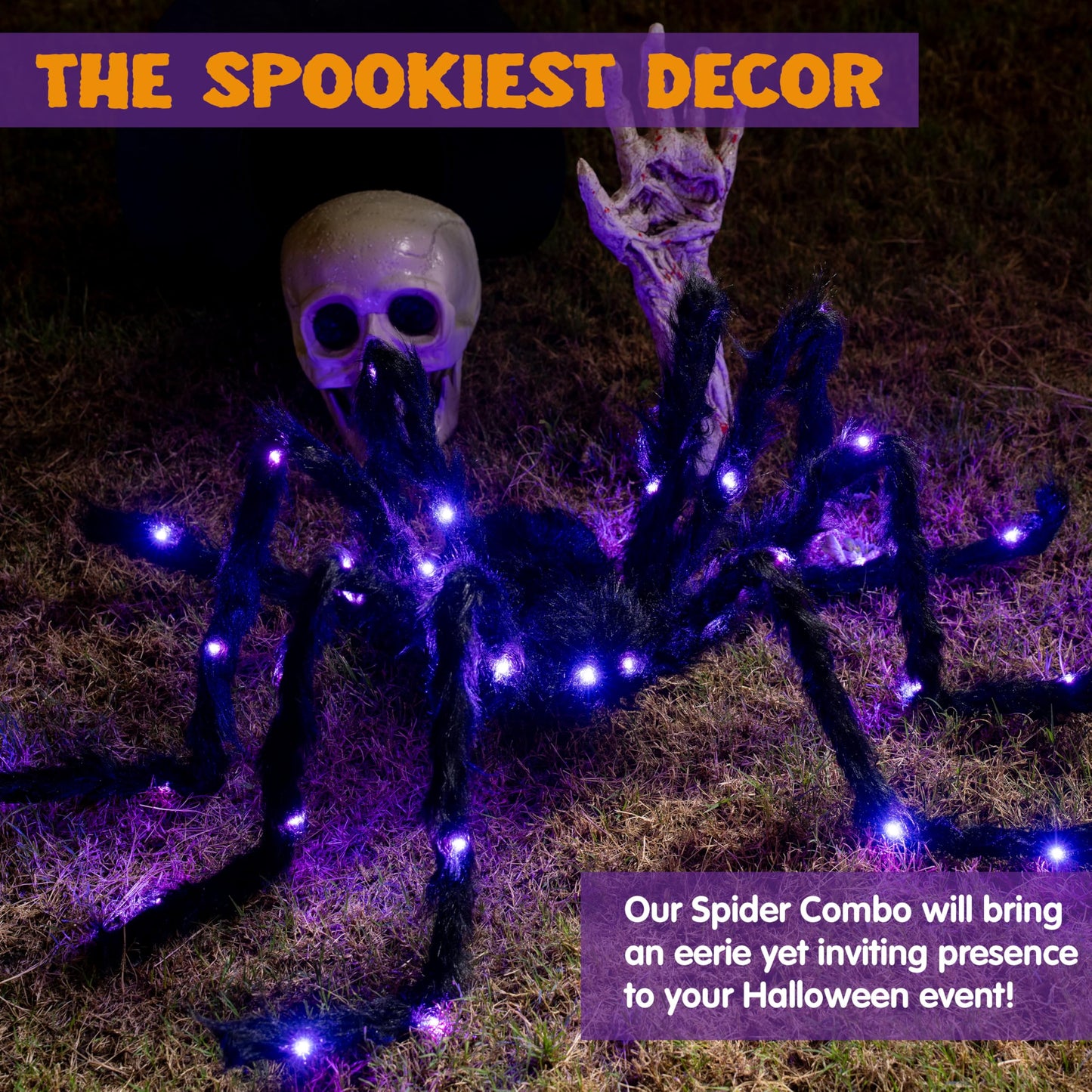 JOYIN 2 Pack 5 Ft Halloween Light Up Spiders Outdoor Decorations, Scary Giant Spider with Purple LED, Fake Large Haunted House Props, for Halloween Lawn Porch Yard Garden Tree Outside Indoor Decor