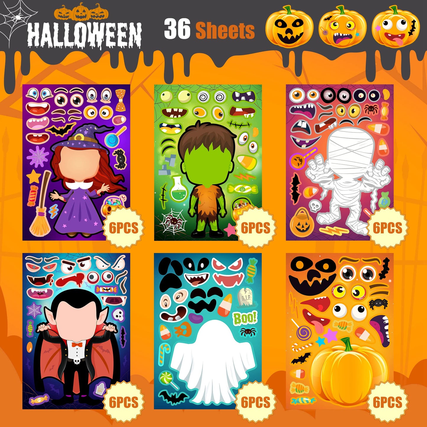 36 Sheets Halloween Stickers for Kids Make Your Own Halloween Stickers, Halloween Party Games Stickers for Kids, Halloween Party Favors Trick or Treat Party Supplies