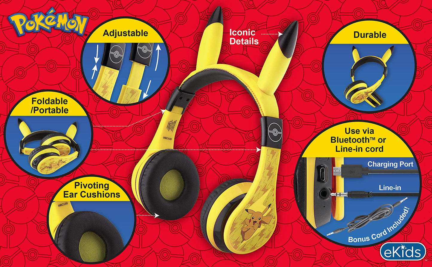 eKids Pokemon Kids Bluetooth Headphones, Wireless Headphones with Microphone Includes Aux Cord, Volume Reduced Kids Foldable Headphones for School, Home, or Travel,Yellow