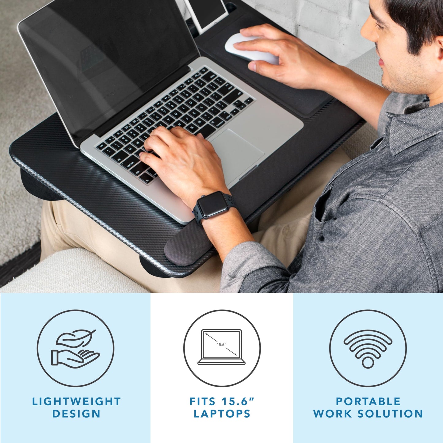 LAPGEAR Home Office Pro Lap Desk with Wrist Rest, Mouse Pad, and Phone Holder - Black Carbon - Fits up to 15.6 Inch Laptops - Style No. 91598