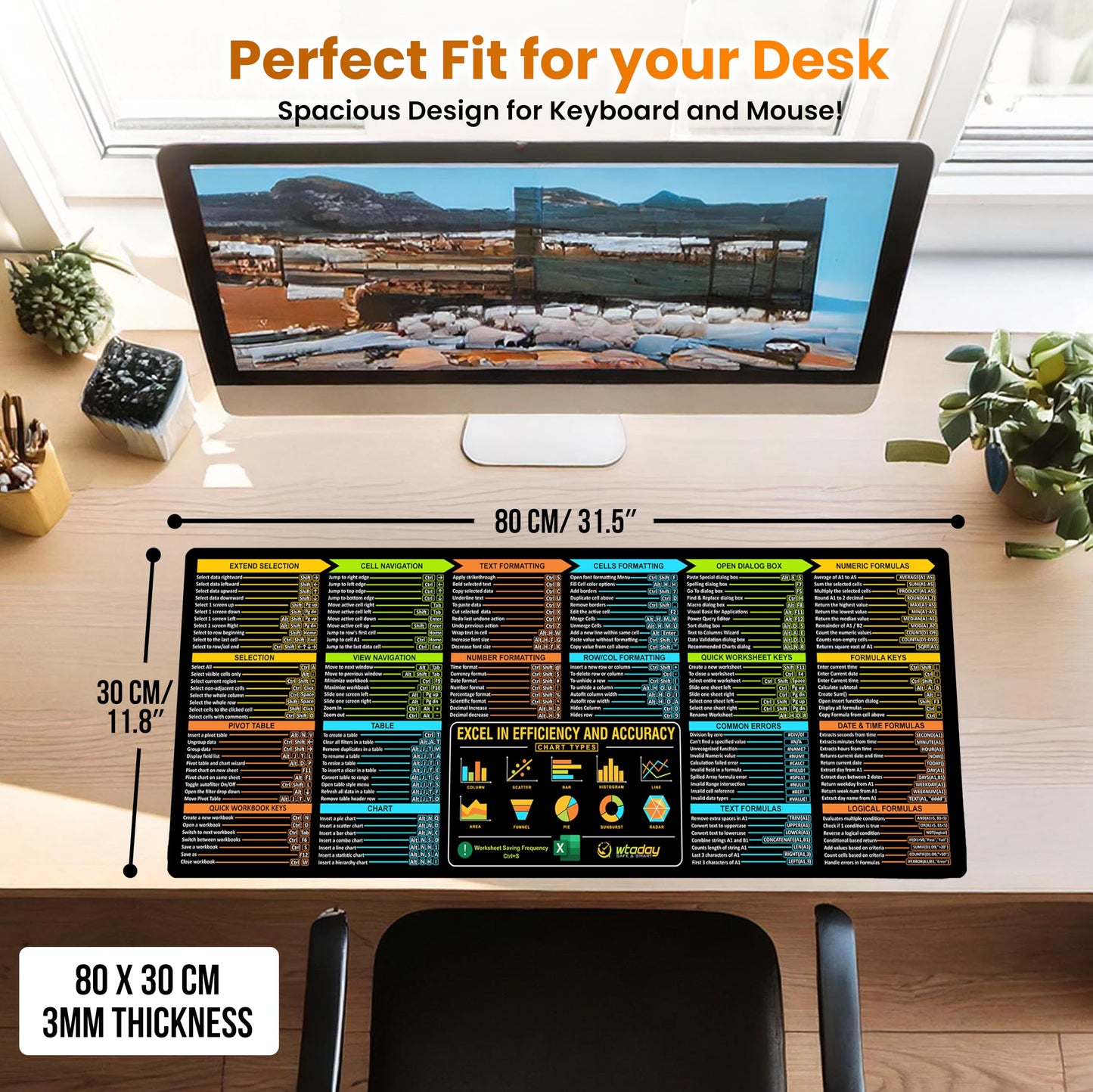 Excel Shortcuts Mouse Pad - Extended XL Office Keyboard Mat (31.5" x 11.8") Inch, Excel Mouse Pad Shortcuts, Stitched Edges | Non-Slip Base Excel Cheat Sheet Desk Pad
