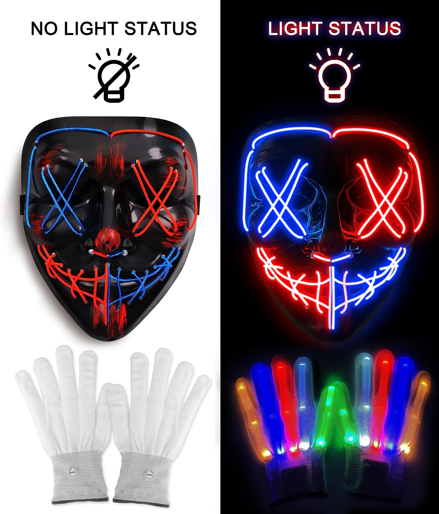 Halloween Mask Skeleton Gloves Set, Halloween Costumes Gifts for Men Women Boys Girls, 3 Modes Light Up Scary LED Mask with LED Glow Gloves, Halloween Decorations Scary Scream Anonymous Masks
