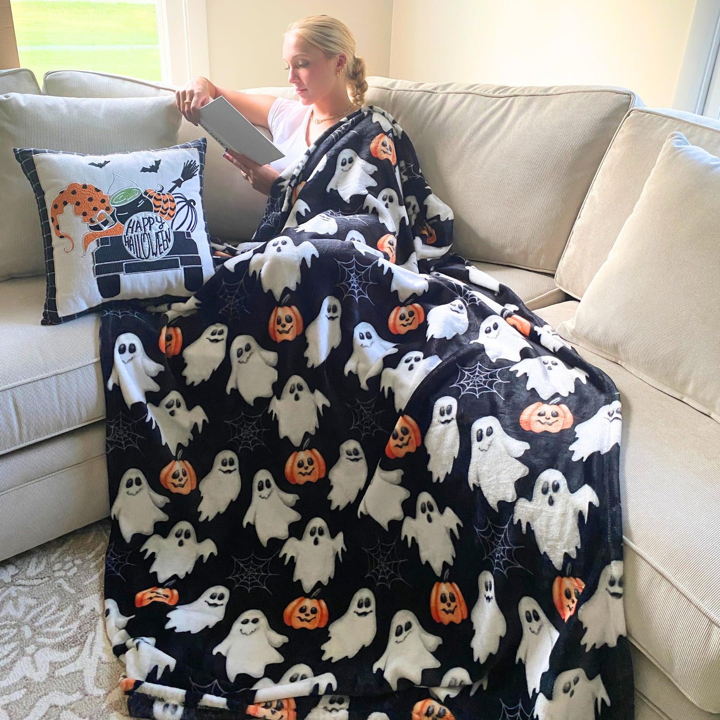 Halloween Throw Blanket: Jack O Lantern Pumpkins White Ghosts and Spiderwebs on Soft Black Velvet Fleece for Sofa, Couch, Chairs and Bed