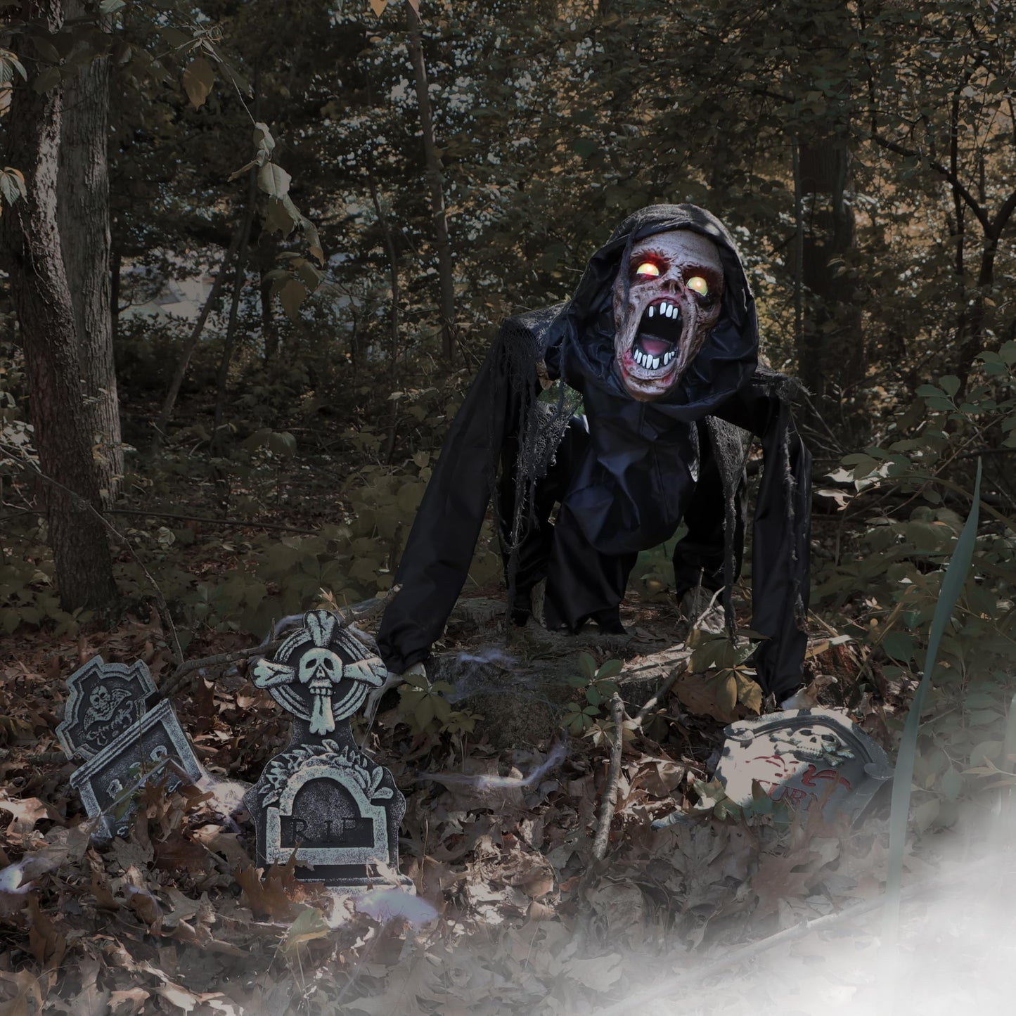 Haunted Hill Farm Scary Crouching Zombie, Halloween Animatronic with Touch Activated Lights and Sounds, Battery Operated Indoor or Covered Outdoor Halloween Decorations, Creepy Halloween Props