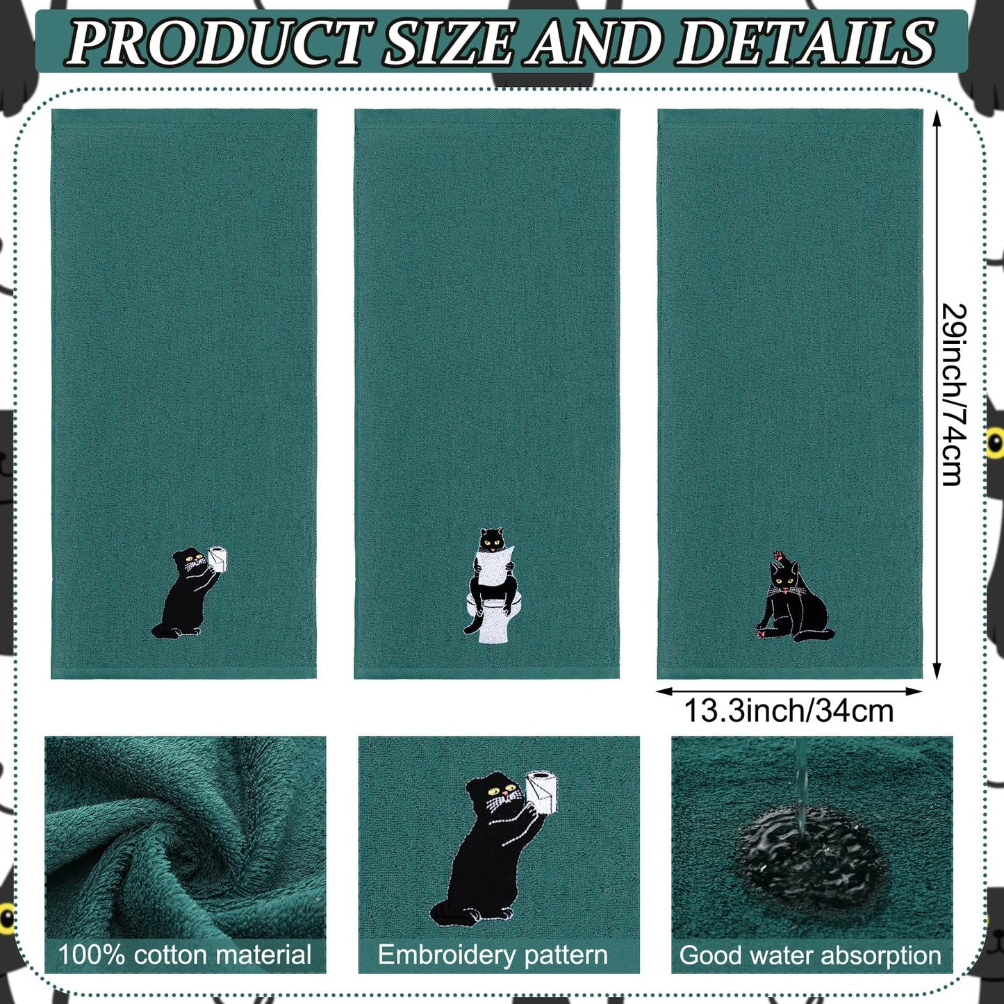 FuWeave 3 Pcs Cat Hand Towels for Bathroom Decor Funny Embroidered Black Cat Halloween Decorative Dark Green Bath Dish Towels for Bathroom Kitchen Decor, 100% Cotton, 13.3 x 29.5''