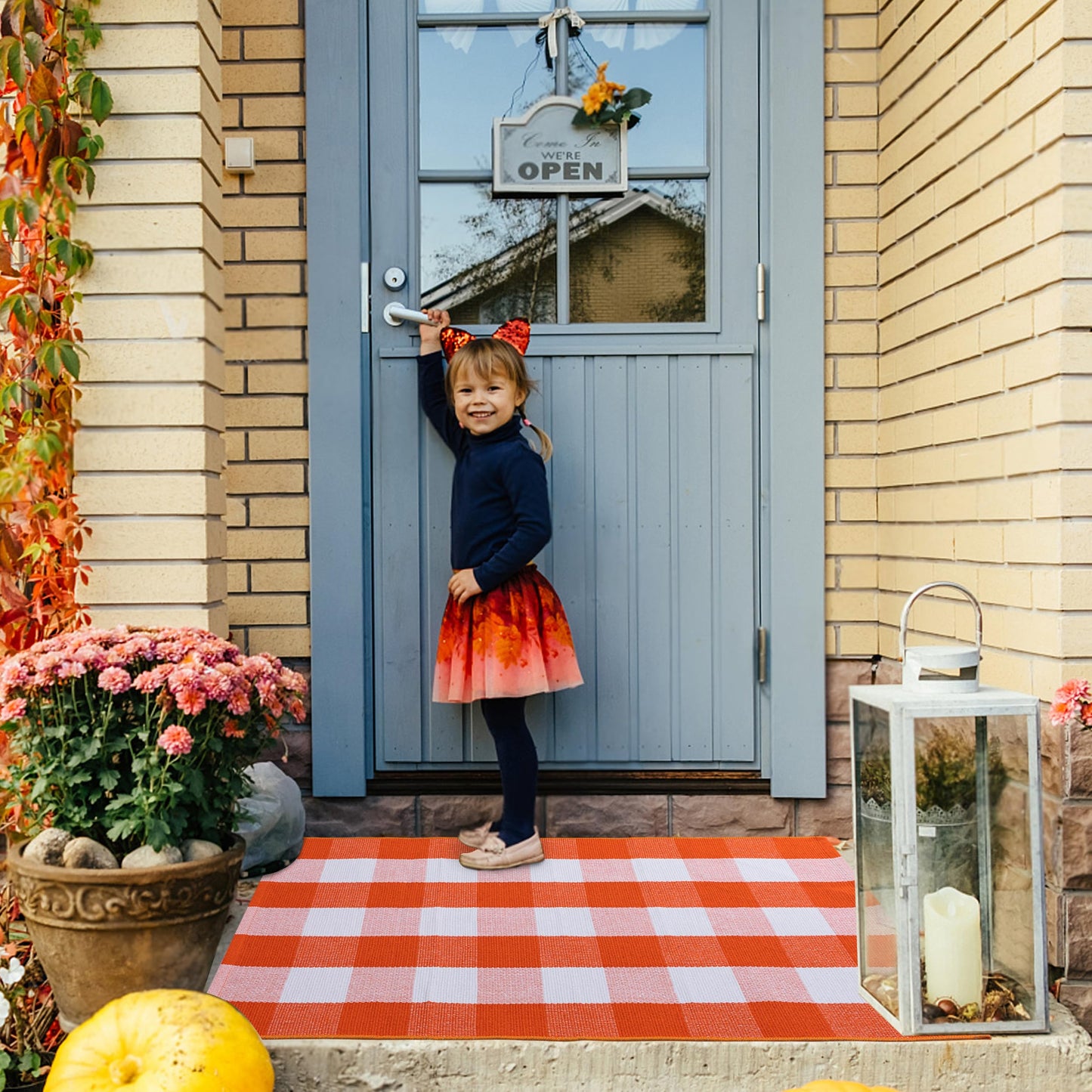 joybest Fall Buffalo Plaid Rug 27.5 x 43 Inch Orange White Front Door Mat, Cotton Hand-Woven Checkered Outdoor Rug for Front Porch, Farmhouse, Entryway