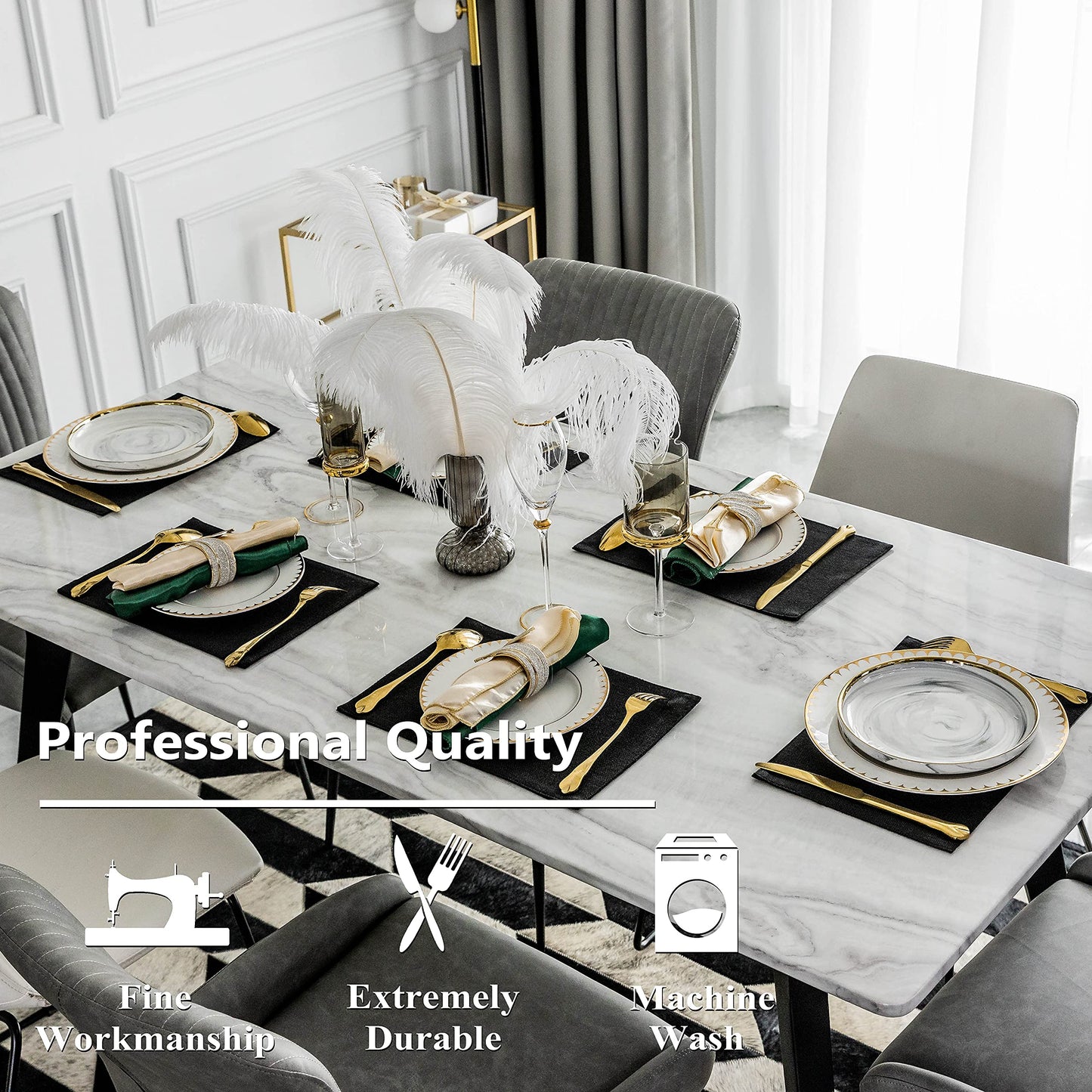 Home Brilliant Black Placemats Set of 6 Heat Resistant Dining Table Fall Halloween Place Mats Kitchen Cloth Table Mats, Black