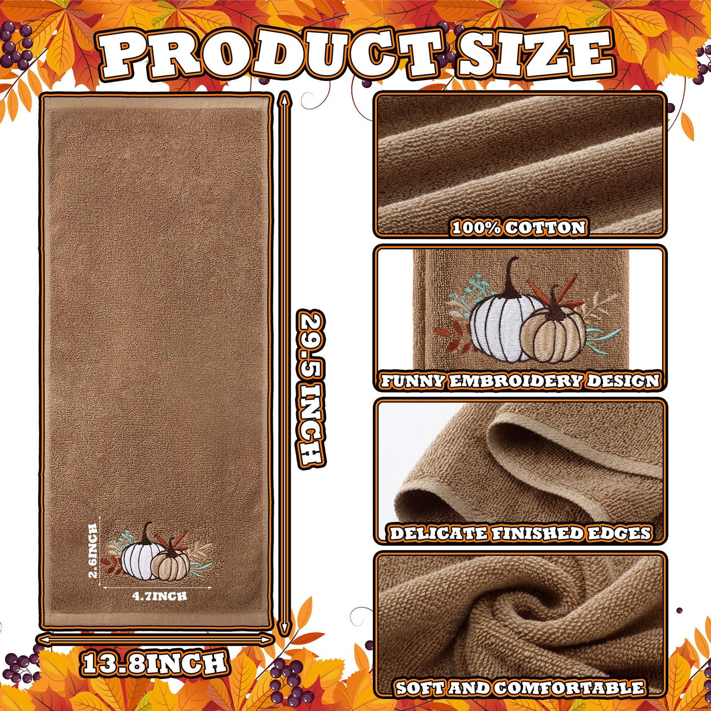 Fanfanwin 3 Pcs Fall Hand Towels for Bathroom 13.8 x 29.5 Inch Autumn Decorative Bath Towels Sets 100% Cotton Embroidered Pumpkin Maple Thanksgiving Bathroom Decor(Khaki,Pumpkin)