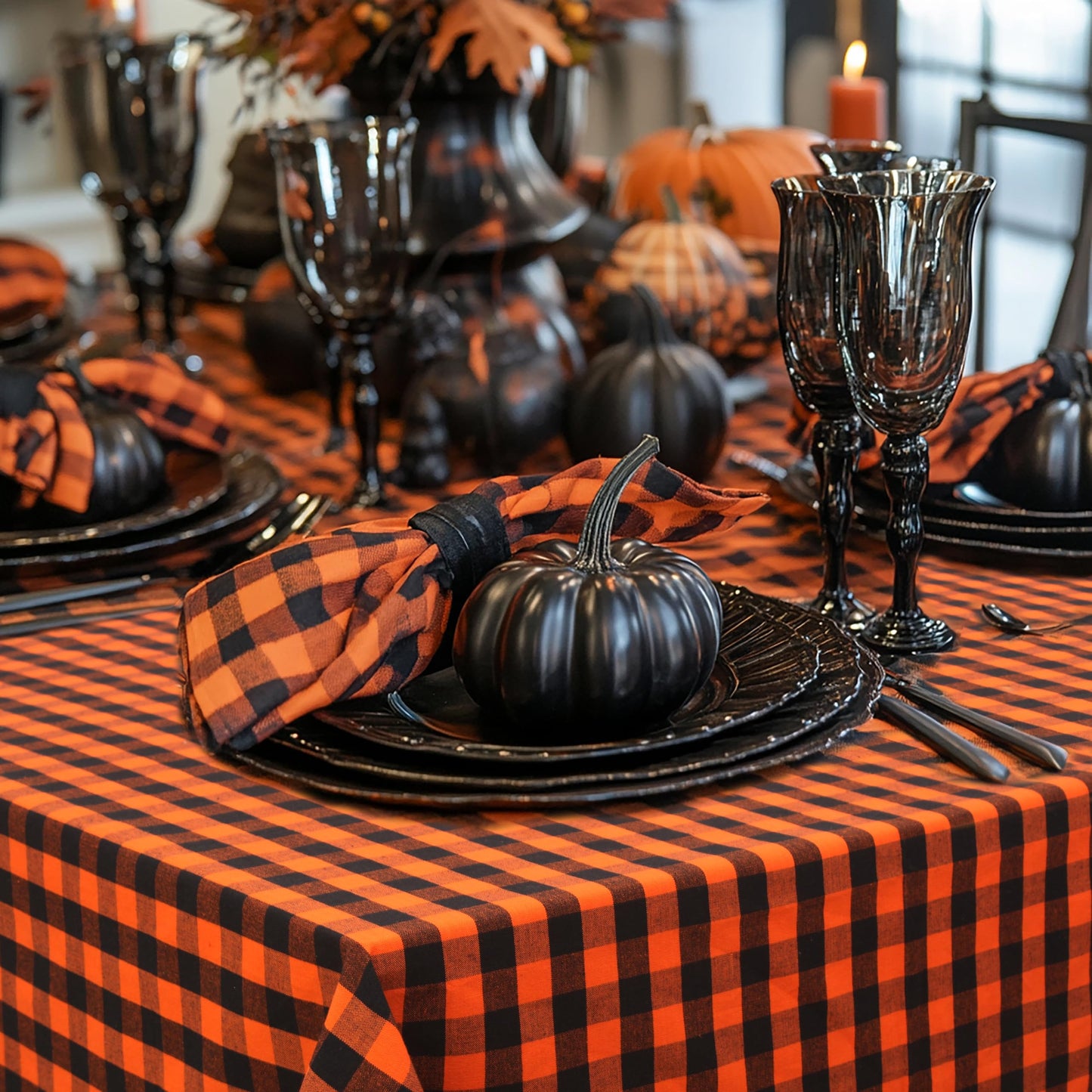 COTTON CRAFT Halloween Tablecloth - Classic Gingham Check Plaid Pure Cotton Tablecover - Reusable Rectangular Table Cloth - Autumn Harvest Fall Holiday - Halloween Party Décor - 60x84 - Orange Black
