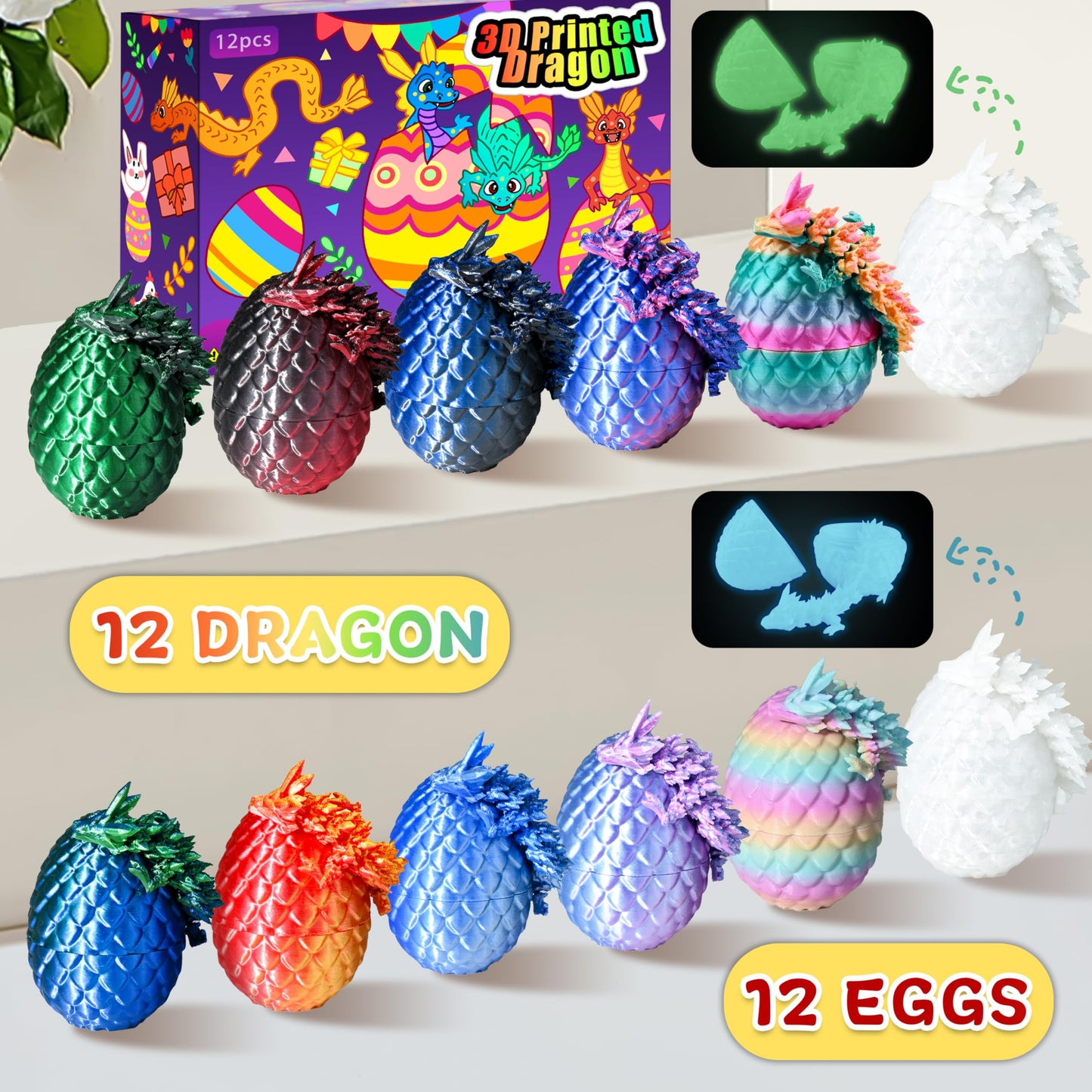 Impossmaker 3D Printed Mini Dragon Eggs Set with Dragon Inside, Articulated Crystal Fidget Toy, Cool Stuff Fun Gifts for Adults, Teens, Boy, Easter Basket Stuffers, 12PCS