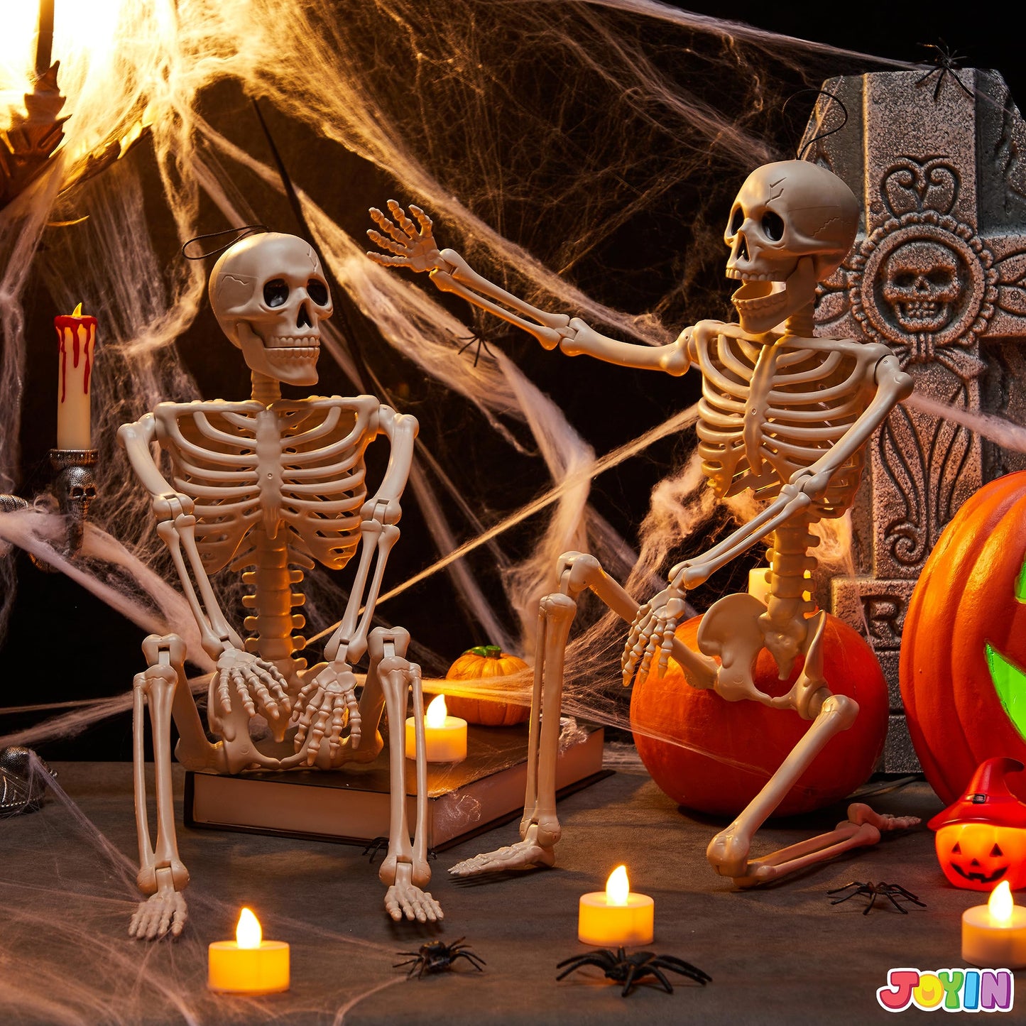 JOYIN 2 PCS 24” Halloween Skeleton Decor, 2 FT Full Body Stayable Posable Skeletons for Halloween, Yellow Human Plastic Bones with Movable Joints for Spooky Indoor Outdoor Decoration, Graveyard Prop