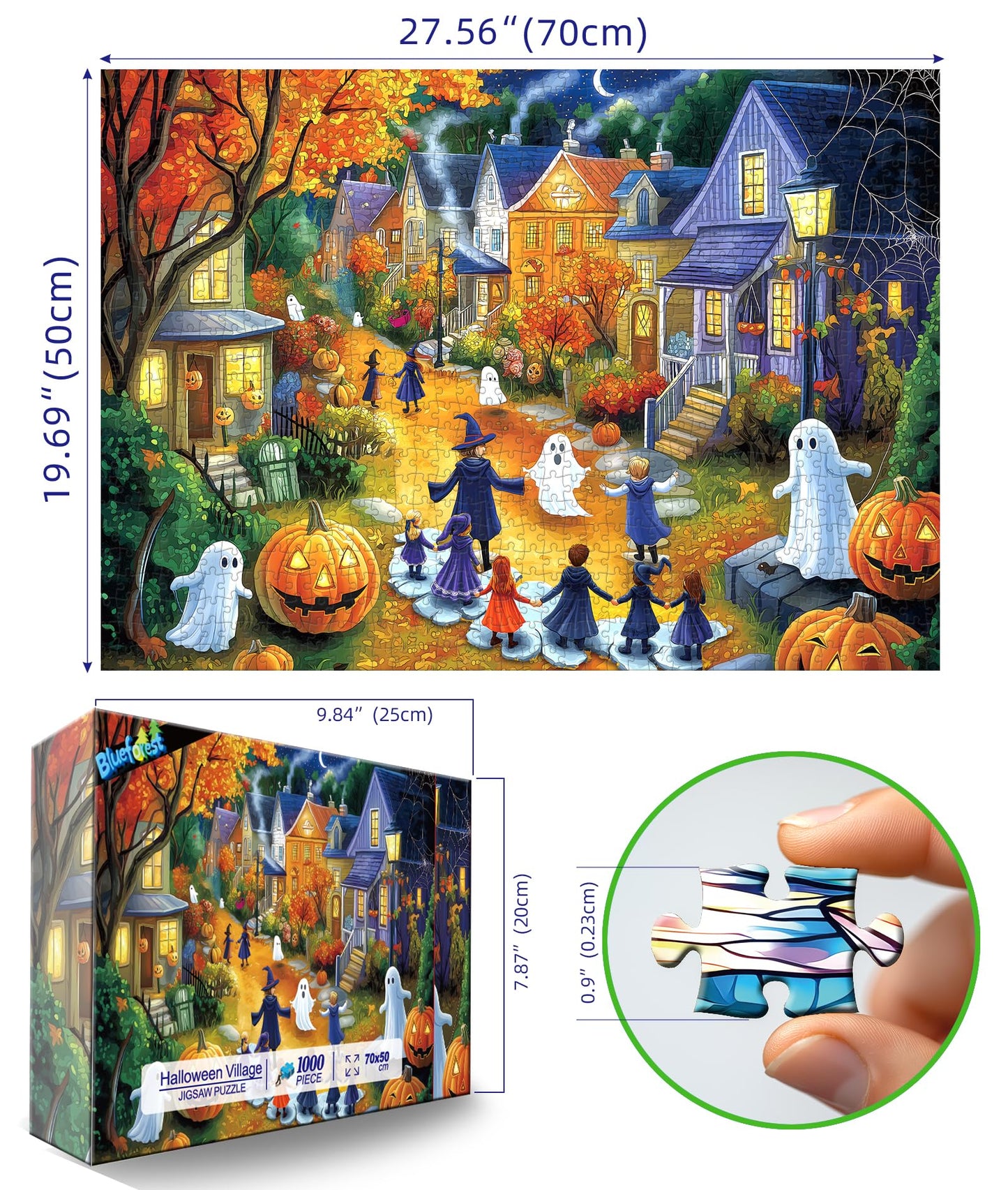 Halloween 1000 Piece Puzzle for Adults Jigsaw Puzzle Spooky Trick-or-Treat Scene with Pumpkins Ghosts & Haunted Houses Autumn Challenging Fun Family Game Night Puzzle with Poster(27"x20")