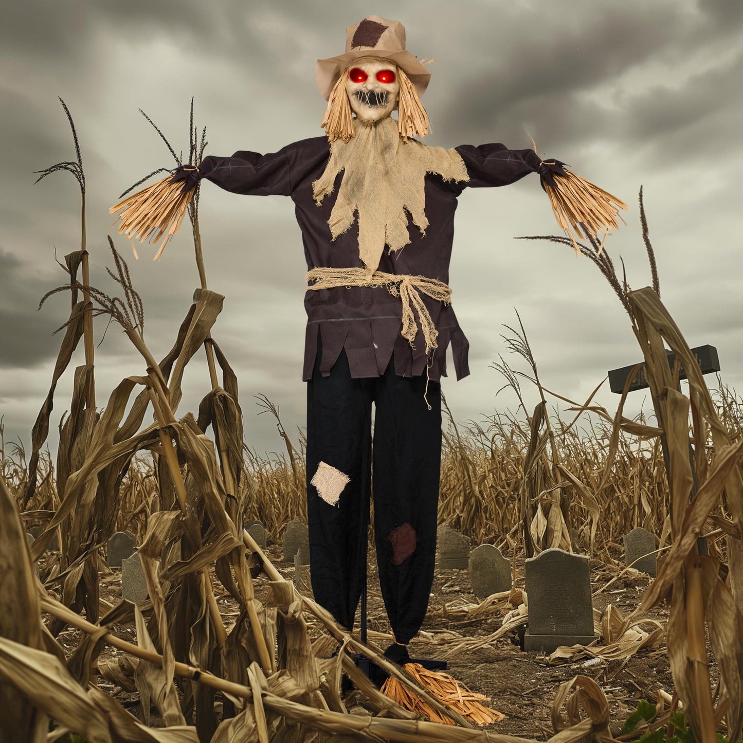 JOYIN 72" Halloween Animatronics Scarecrow Decoration Outdoor, Standing Ghost Prop with Motion Light Sound, Scary Animated Decor for Yard Farm Garden Indoor Haunted House