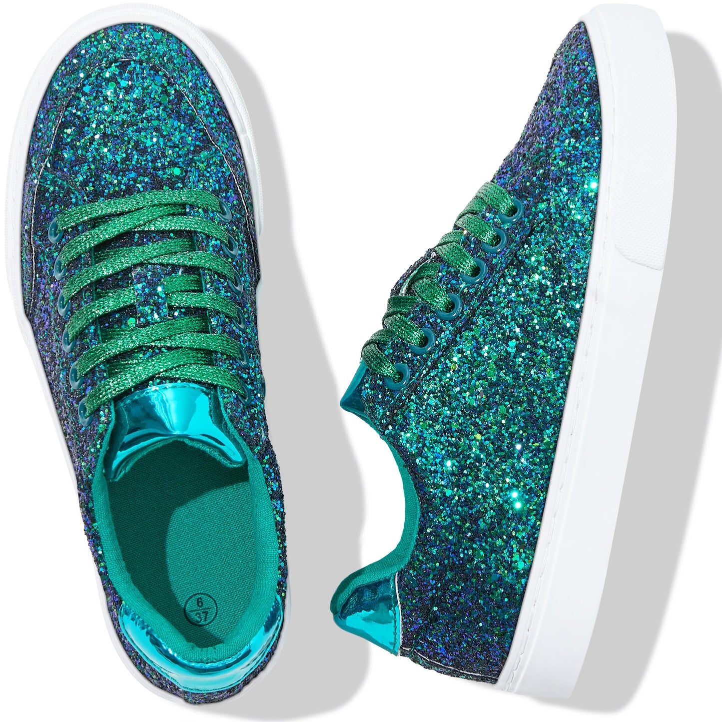Jeekopeg Glitter Sparkly Fashion Sneakers Shoes Shiny Casual Shoes Bling Sequin Concert Low Cut Lace up Shoes(Green Glitter,8 Women/6.5 Men)