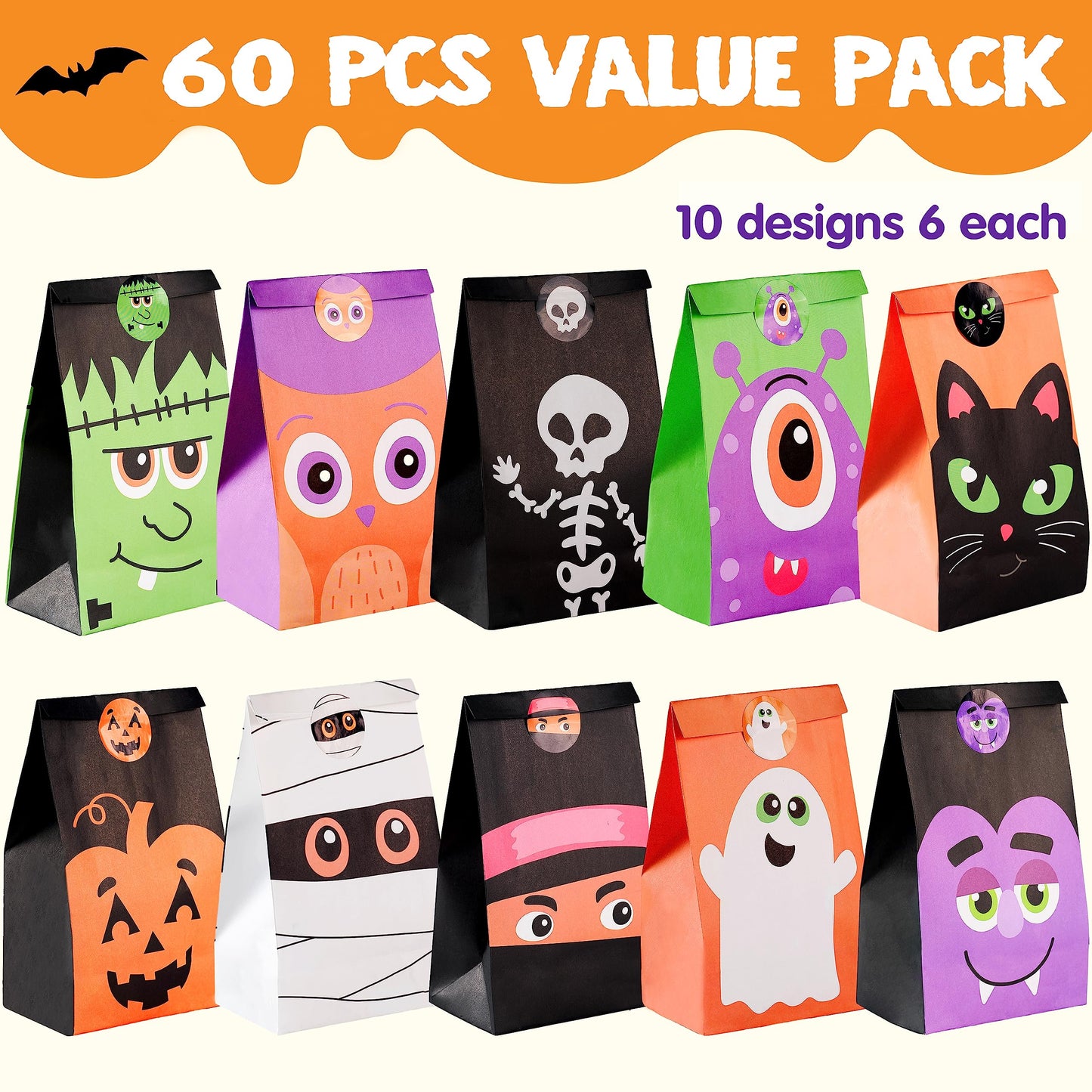 JOYIN 60 PCS Halloween Treat Bags, Goodie and Candy Bags with Stickers Party Supplies Trick or Treat for Kids Halloween Party Favors Exchange, Holiday Pastries Supplies