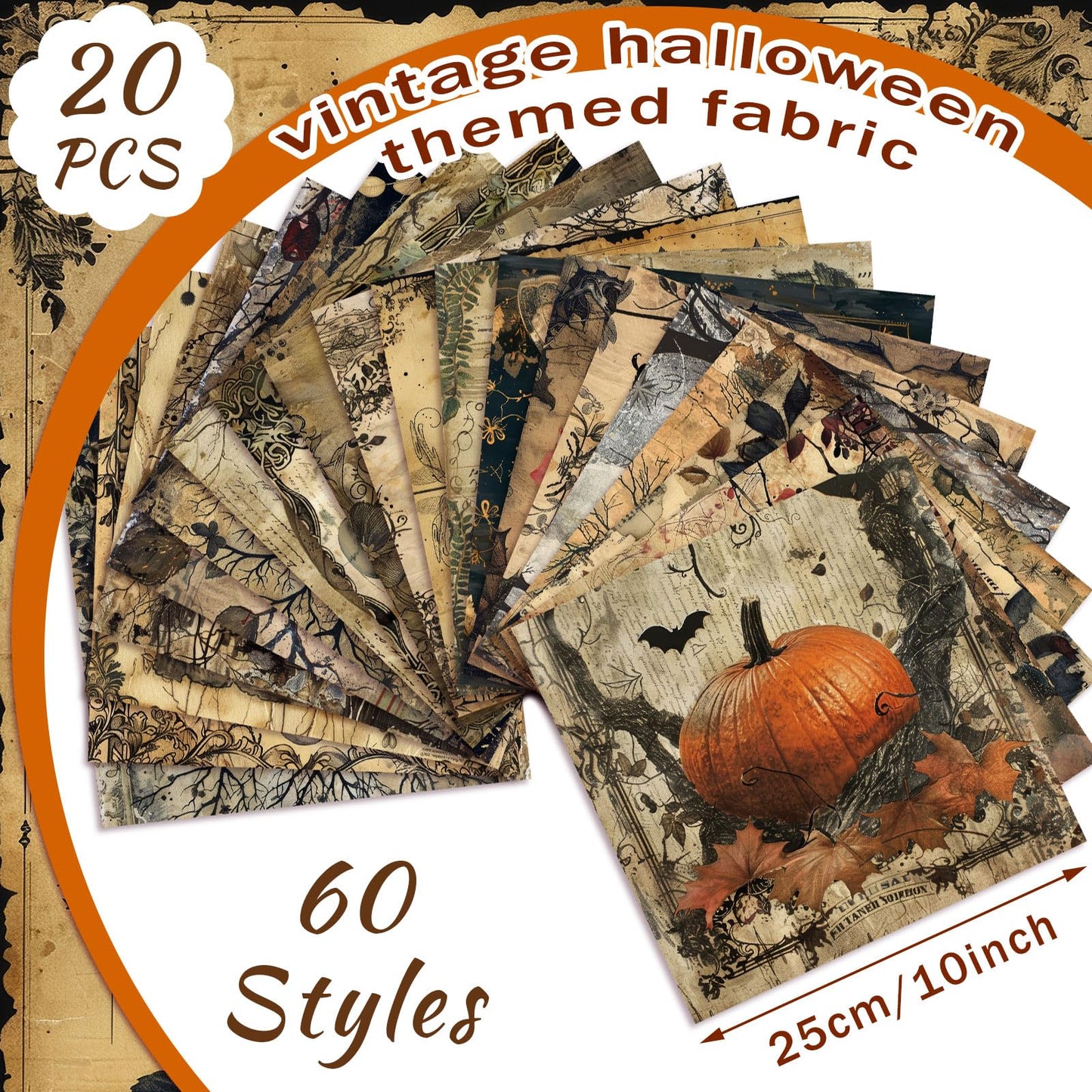 Ganeen 60 Pcs 10 x 10 Inch Vintage Halloween Quilting Fabric Squares Retro Halloween Fat Patchwork Precut Strips Rustic Crow Skull Fabric Bundles for Holiday DIY Craft Sewing Quilt Material Handmade