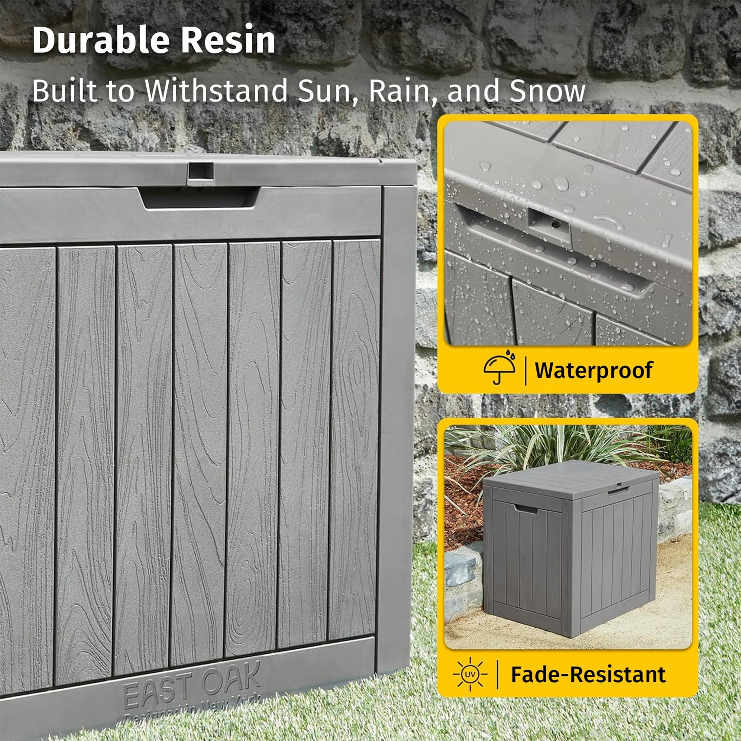 EAST OAK Outdoor Storage Box, 31 Gallon Deck Box Indoor and Outdoor Use, Waterproof Resin Storage Bin for Package Delivery, Patio Cushions, Gardening Tools, Lockable, UV Resistant, Grey
