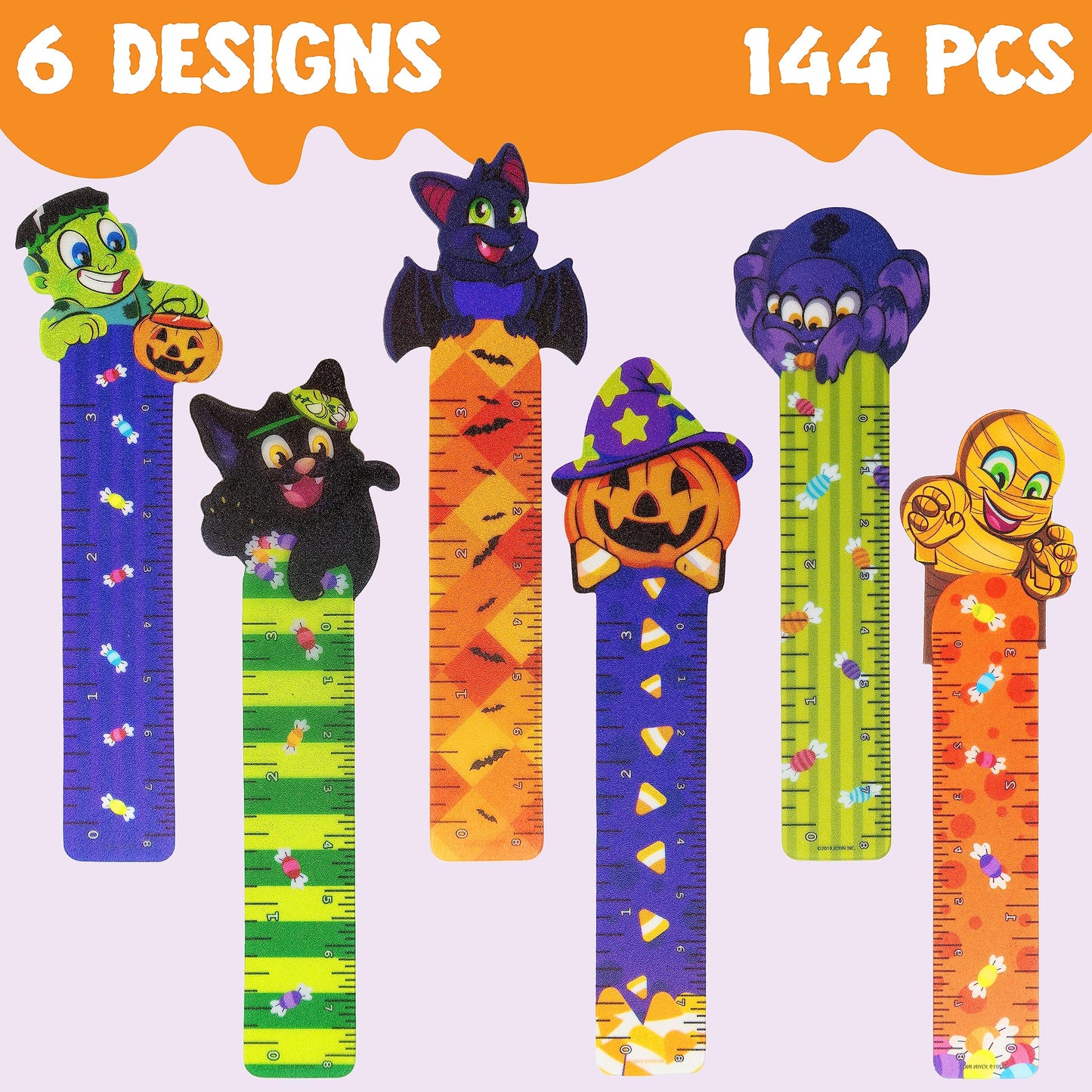 JOYIN 144 PCS Halloween Bookmark Rulers Party Favor Pack (6 Designs) with Halloween Themed Prints for Holiday Decorations, Goodies, Classroom Rewards, Goodie Bag Stuffer and Kids Trick or Treat Prizes